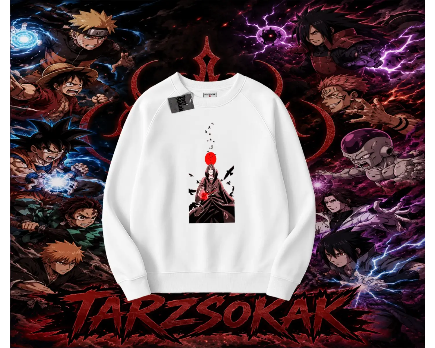 Itachi Uchiha Naruto Anime Karakteri Oversize Unisex Bisiklet Yaka Sweatshirt Beyaz
