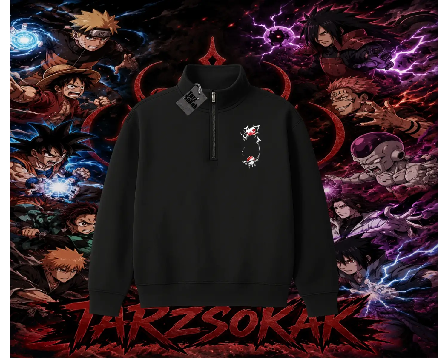 Itachi Uchiha Naruto Anime Karakteri Unisex Polo Yaka Yarım Fermuarlı Sweatshirt Beyaz