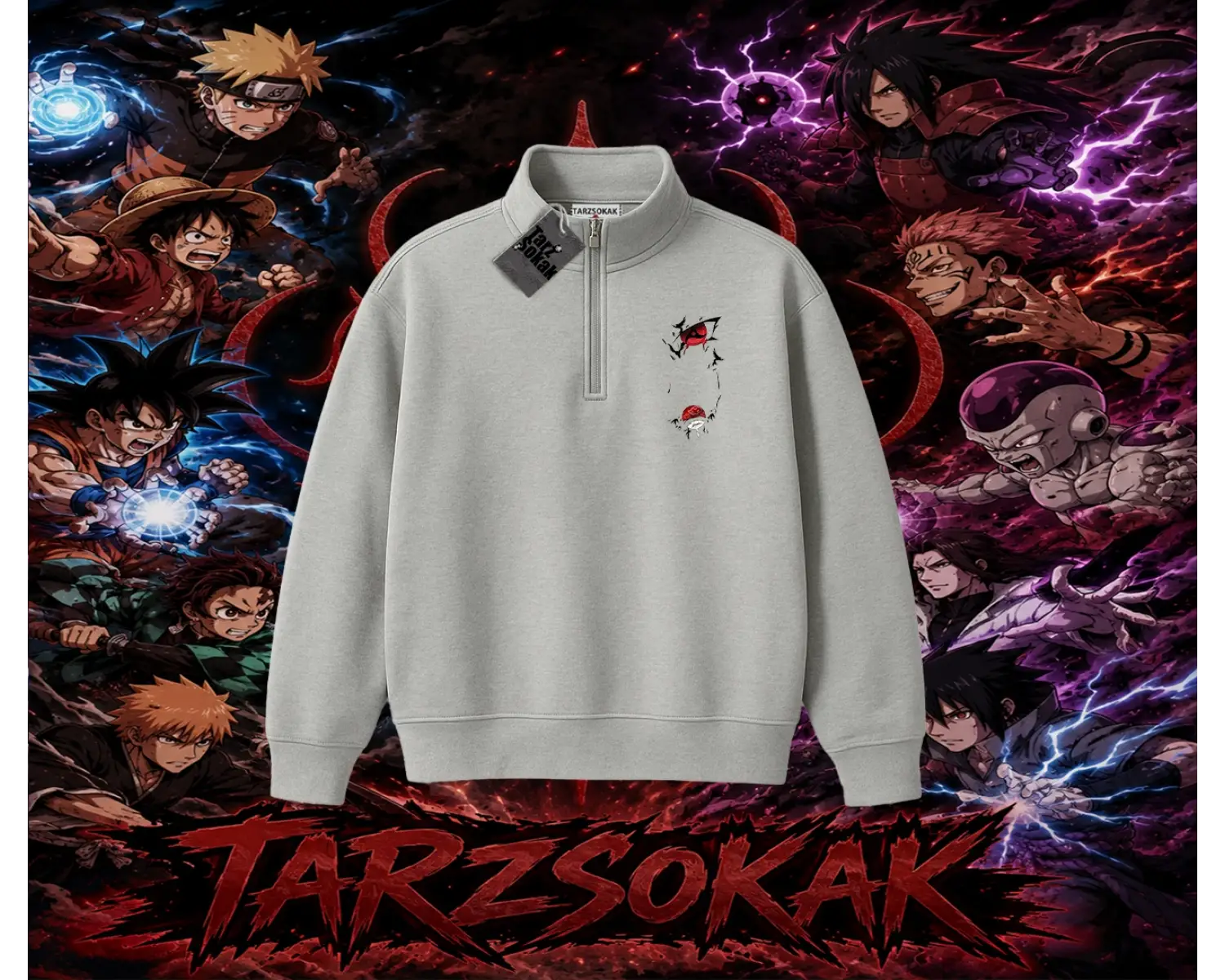Itachi Uchiha Naruto Anime Karakteri Unisex Polo Yaka Yarım Fermuarlı Sweatshirt Beyaz