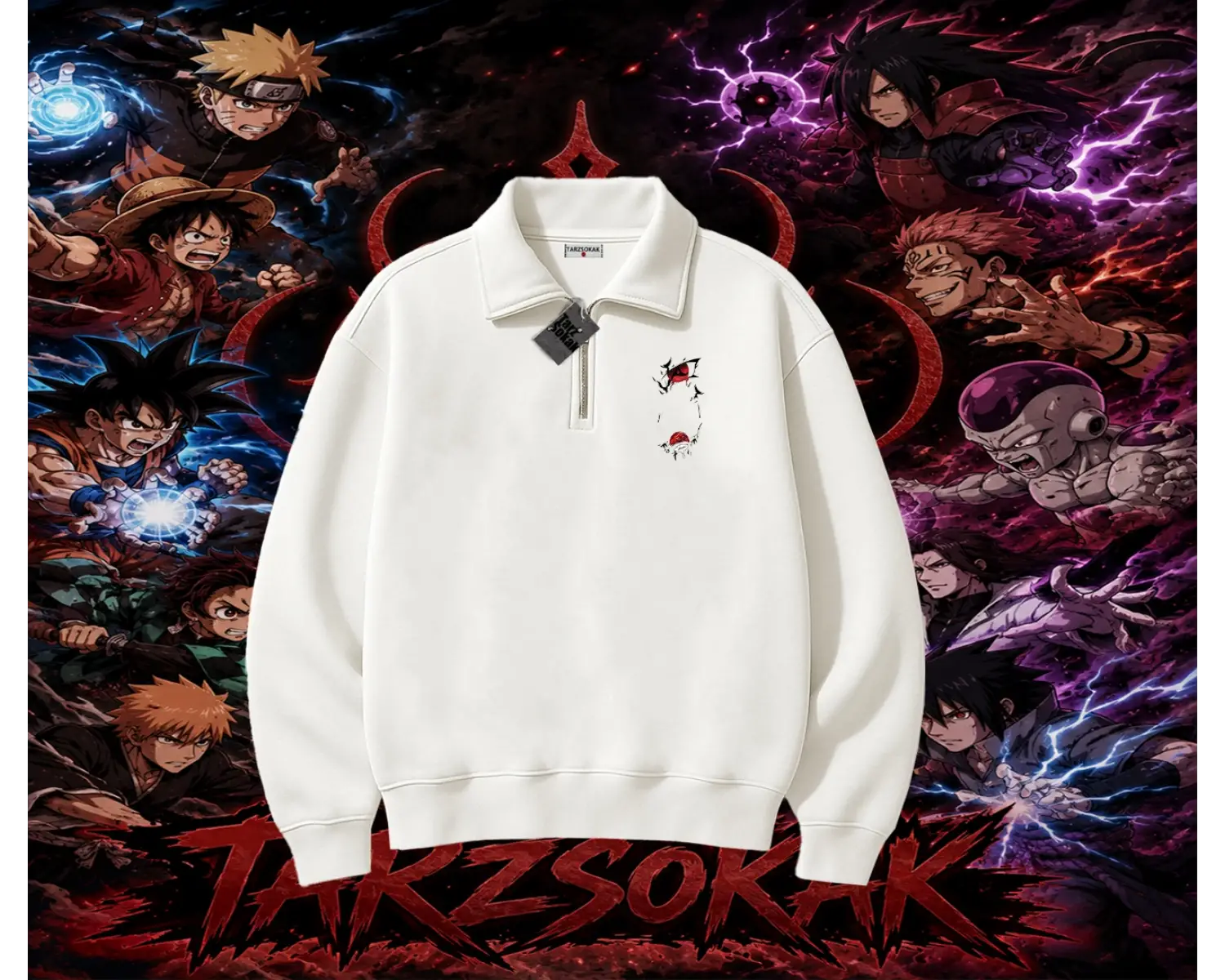 Itachi Uchiha Naruto Anime Karakteri Unisex Polo Yaka Yarım Fermuarlı Sweatshirt Beyaz