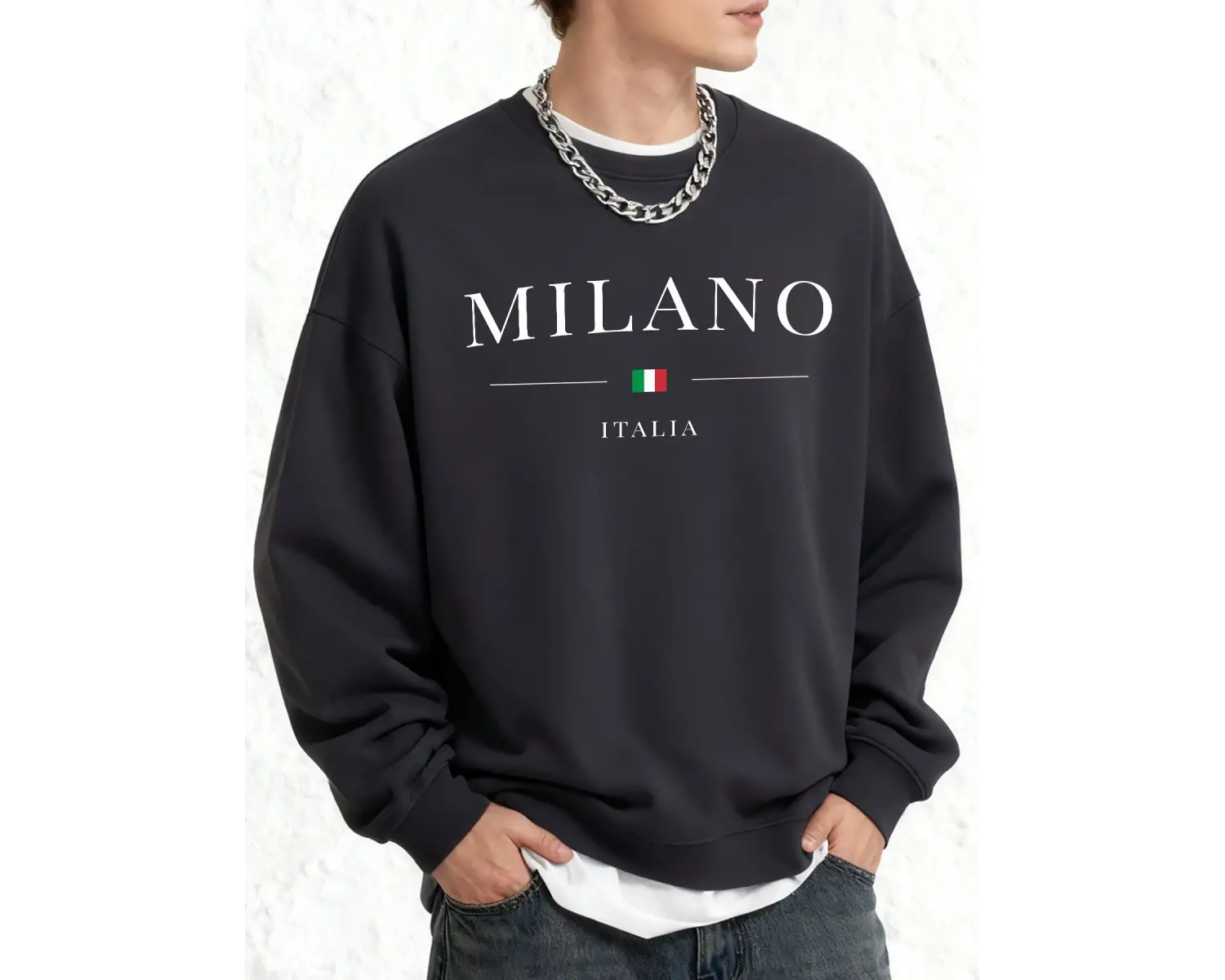 İtalya Milano Şehir Baskılı Erkek Sıcak Kazak Günlük Büyük Beden Moda Uzun Kollu Temel Sokak