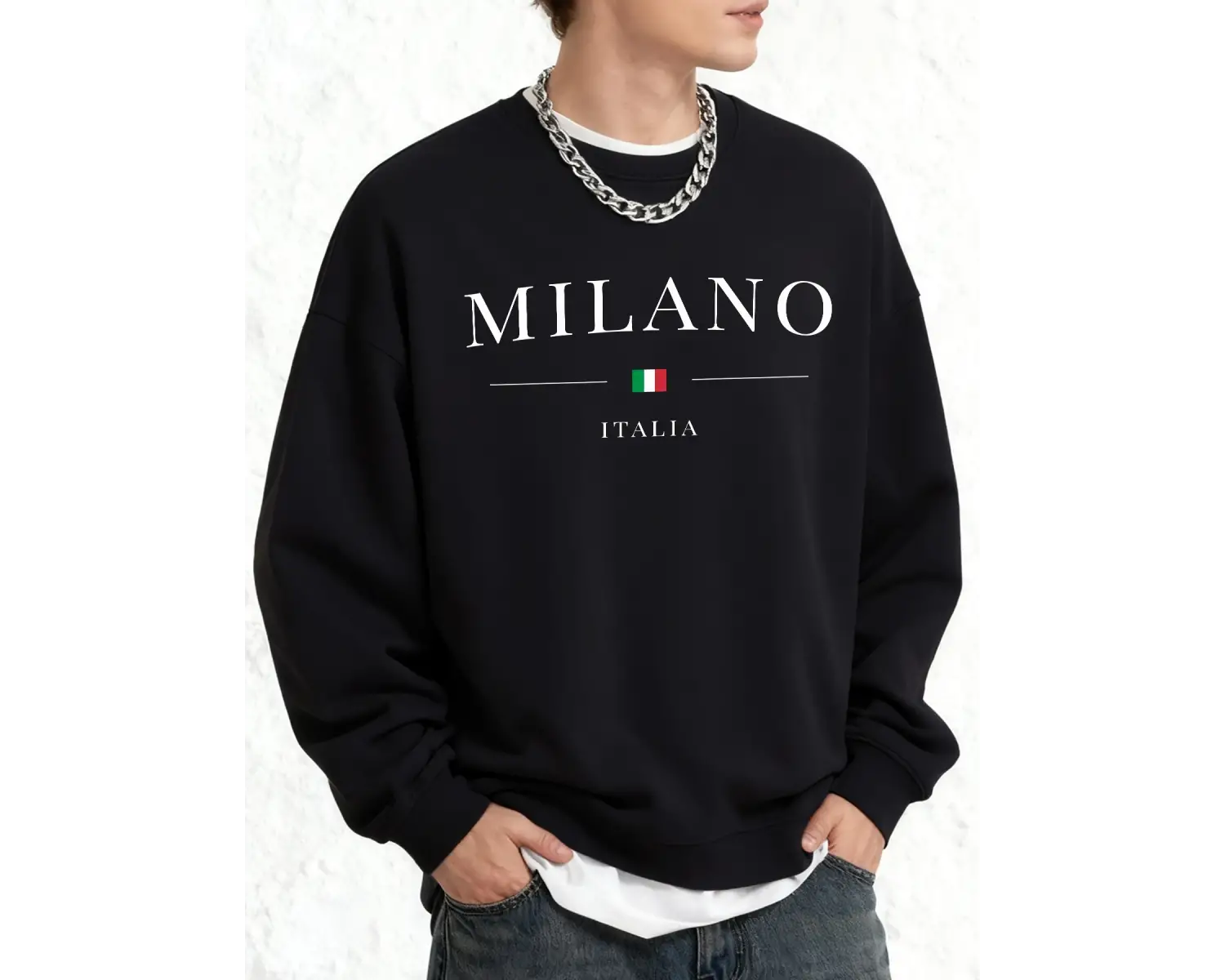 İtalya Milano Şehir Baskılı Erkek Sıcak Kazak Günlük Büyük Beden Moda Uzun Kollu Temel Sokak