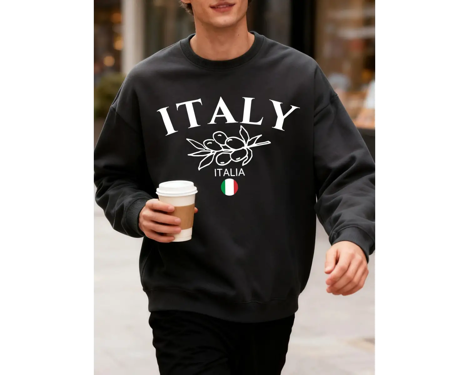 İtalya Zeytin Büyük Harf Desenli Erkek Sweatshirtü Bisiklet Yaka Oversize Kazak Sonbahar Moda