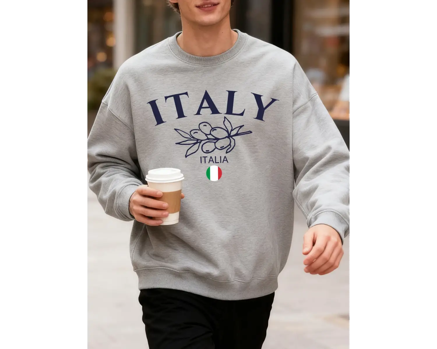 İtalya Zeytin Büyük Harf Desenli Erkek Sweatshirtü Bisiklet Yaka Oversize Kazak Sonbahar Moda