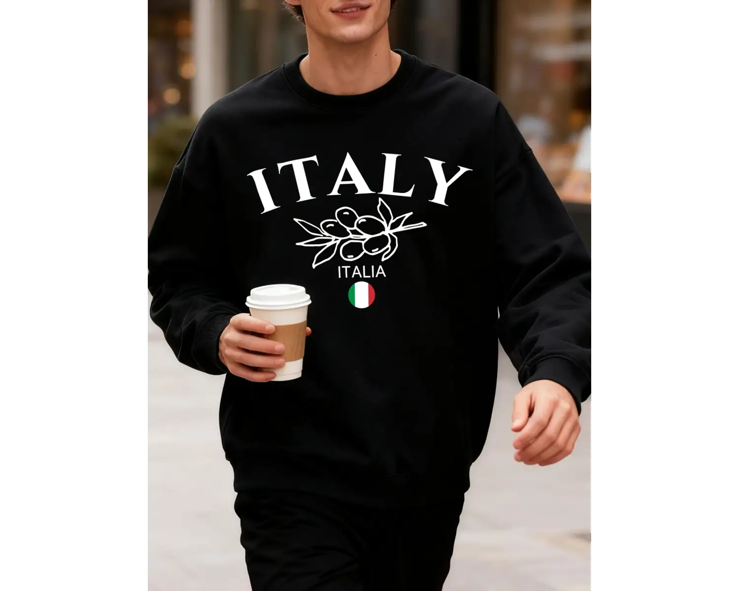 İtalya Zeytin Büyük Harf Desenli Erkek Sweatshirtü Bisiklet Yaka Oversize Kazak Sonbahar Moda