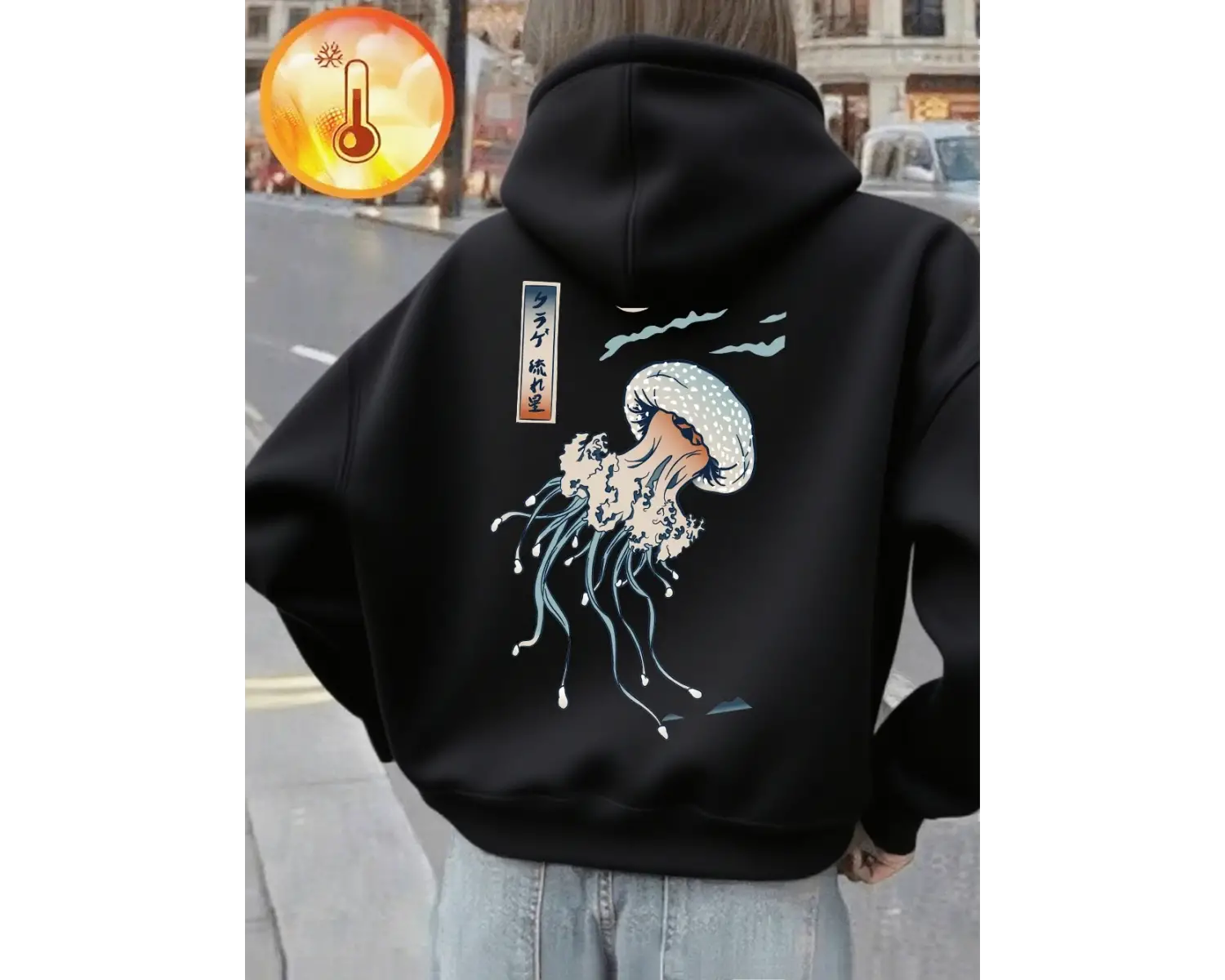 Japon Harajuku Denizanası Baskılar Hoodie Kadın Temelleri Sportif Kazak Sokak Cep Kazak Kış P