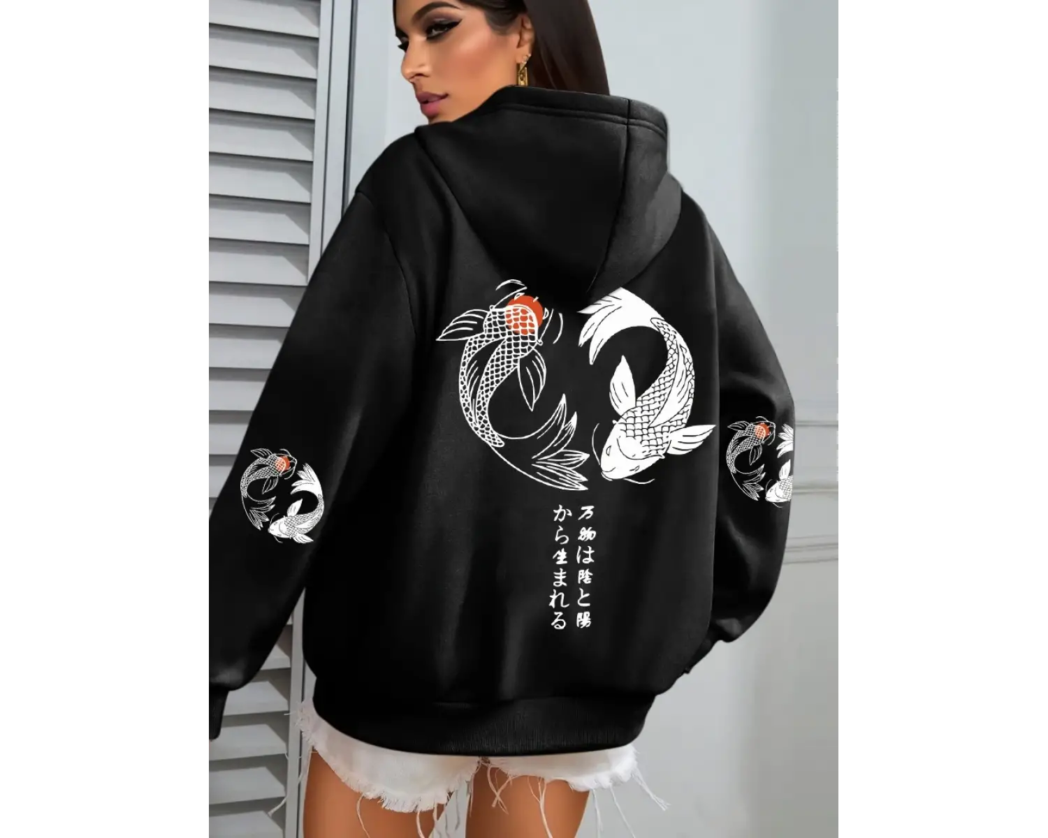 Japon Koi Harajuku Çizim Baskılar Kadın Hoodie Gevşek Y2K Hoody Renkli Sonbahar Hoodies Polar