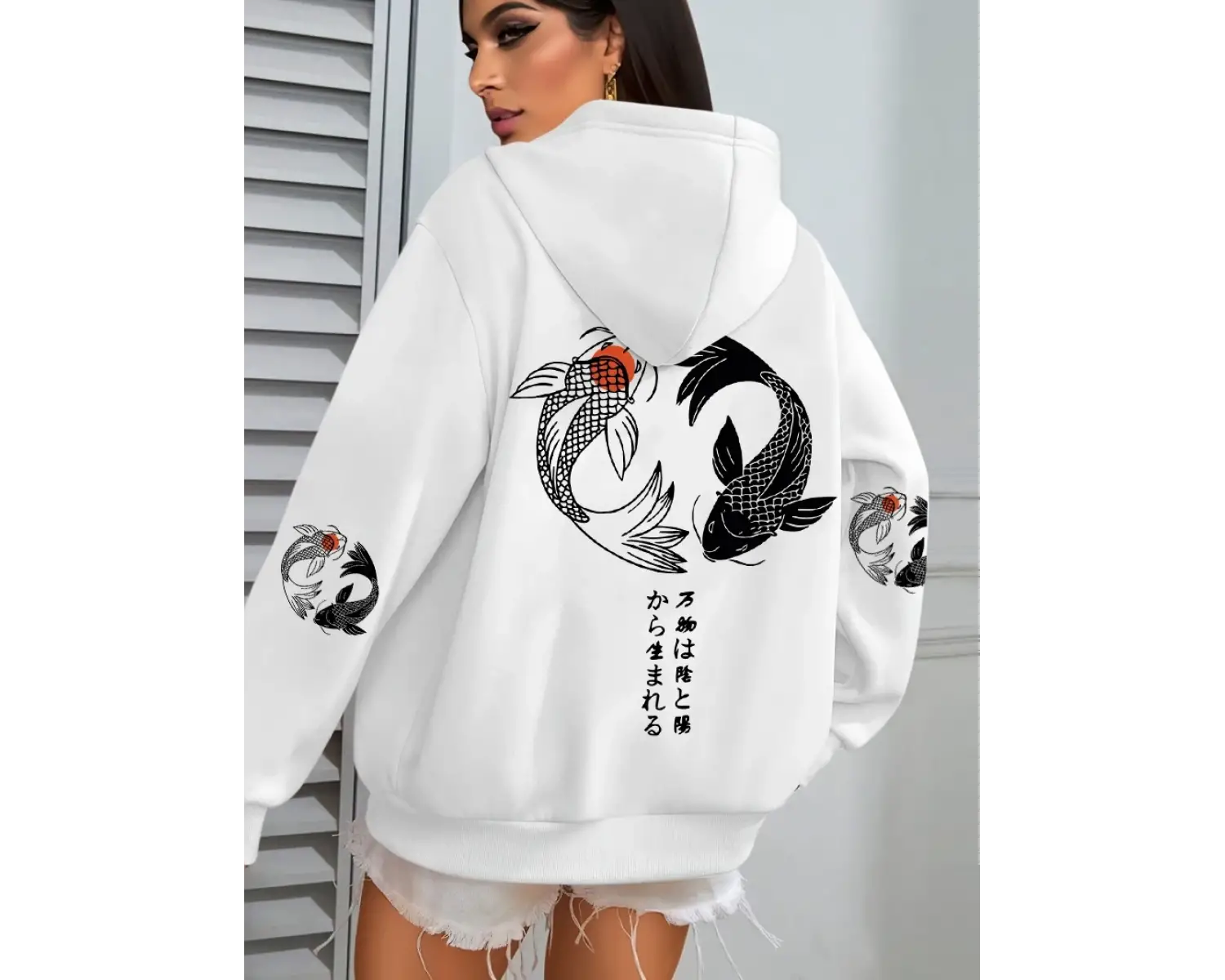 Japon Koi Harajuku Çizim Baskılar Kadın Hoodie Gevşek Y2K Hoody Renkli Sonbahar Hoodies Polar