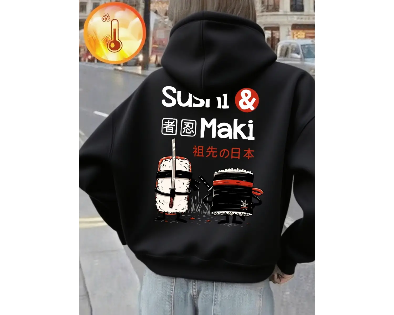 Japon suşi maki baskılar kapüşonlular kadın sonbahar kış polar sıcak kazak temelleri cep kaza