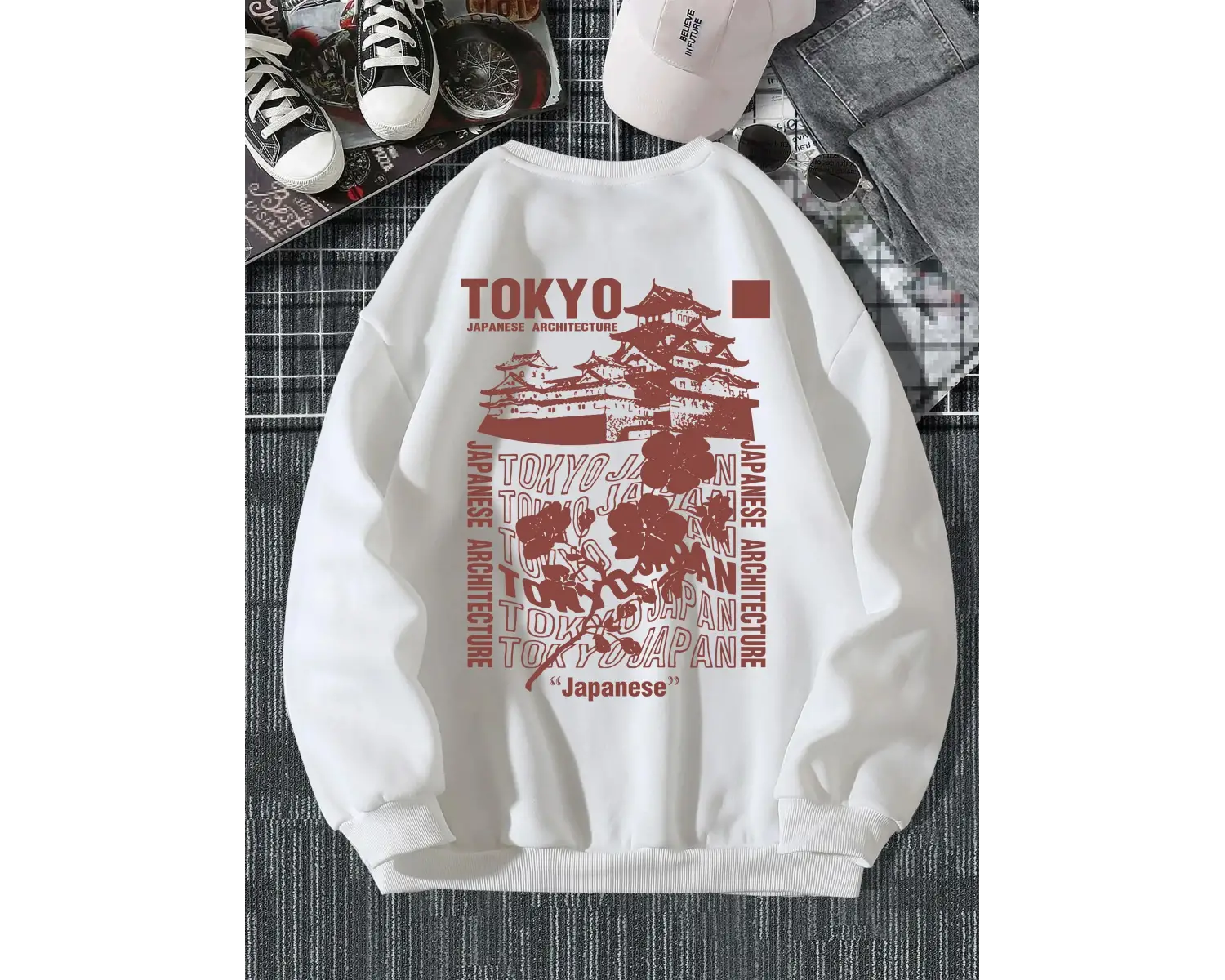 Japon Tokyo Sakura Baskı Bahar Rahat Kadın Kazak Kazak Sıcak Yumuşak Hoodies Gevşek Crewneck