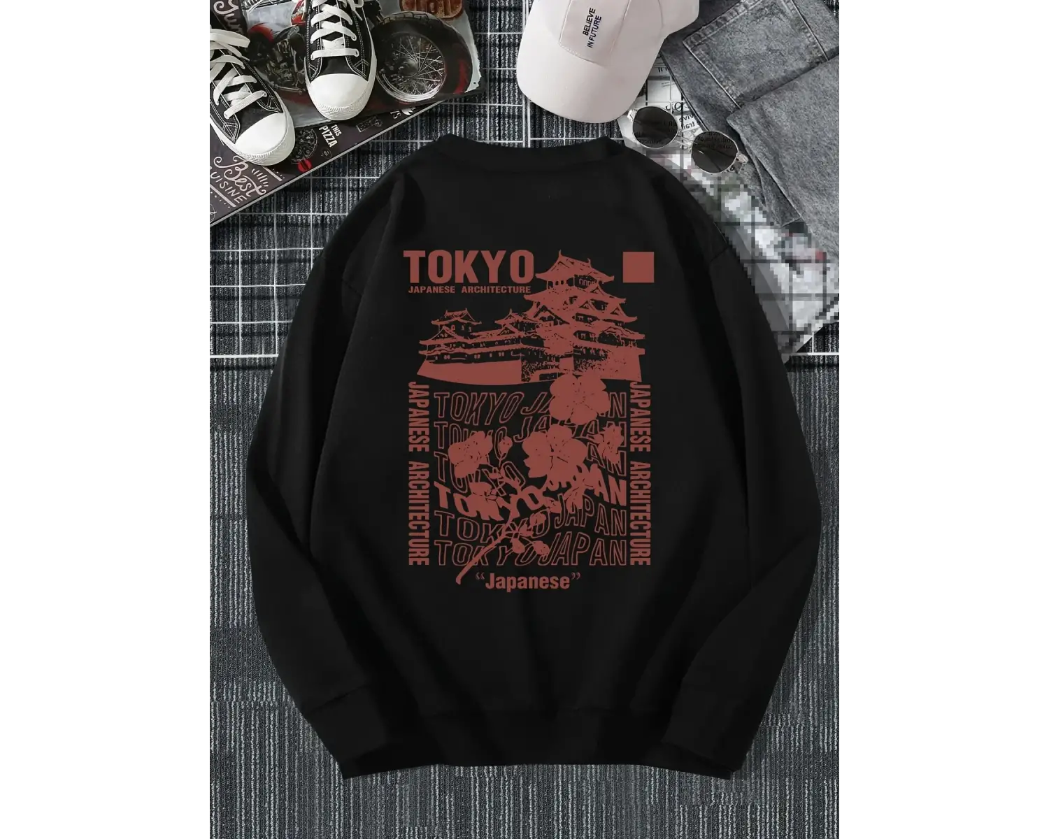 Japon Tokyo Sakura Baskı Bahar Rahat Kadın Kazak Kazak Sıcak Yumuşak Hoodies Gevşek Crewneck