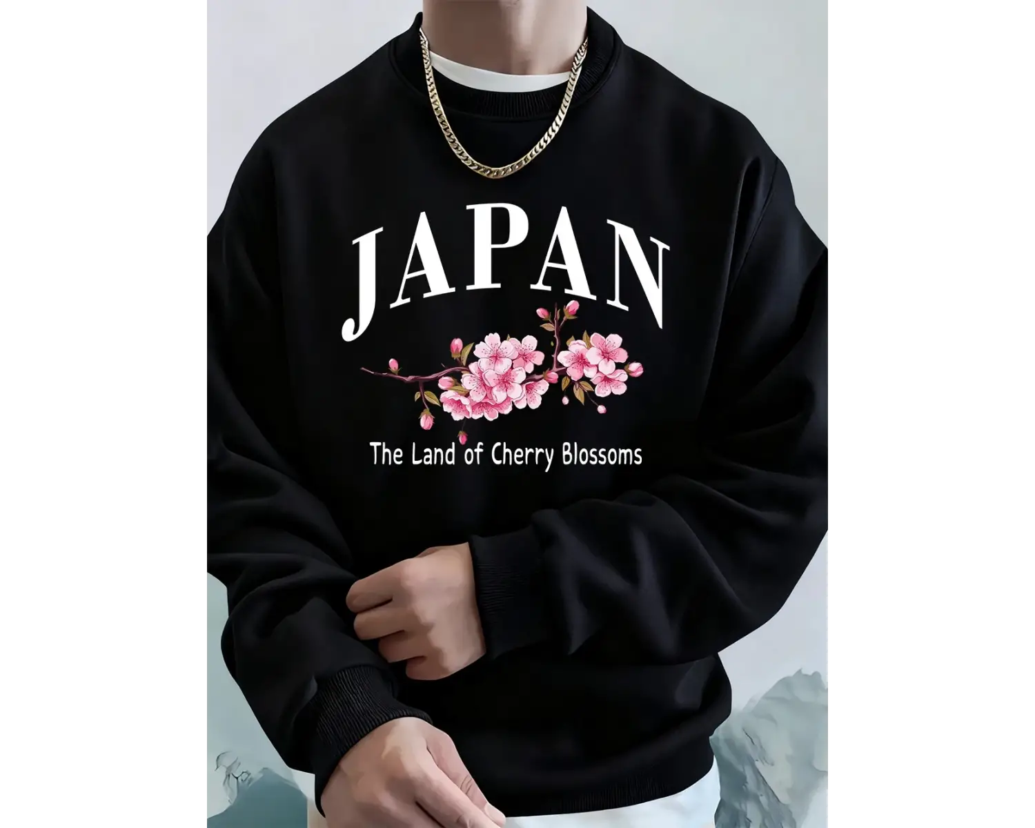 Japonya Kiraz Çiçekleri Ülkesi Baskılı Erkek Kapüşonlu Üstleri Sonbahar Bol Sweatshirt Temel