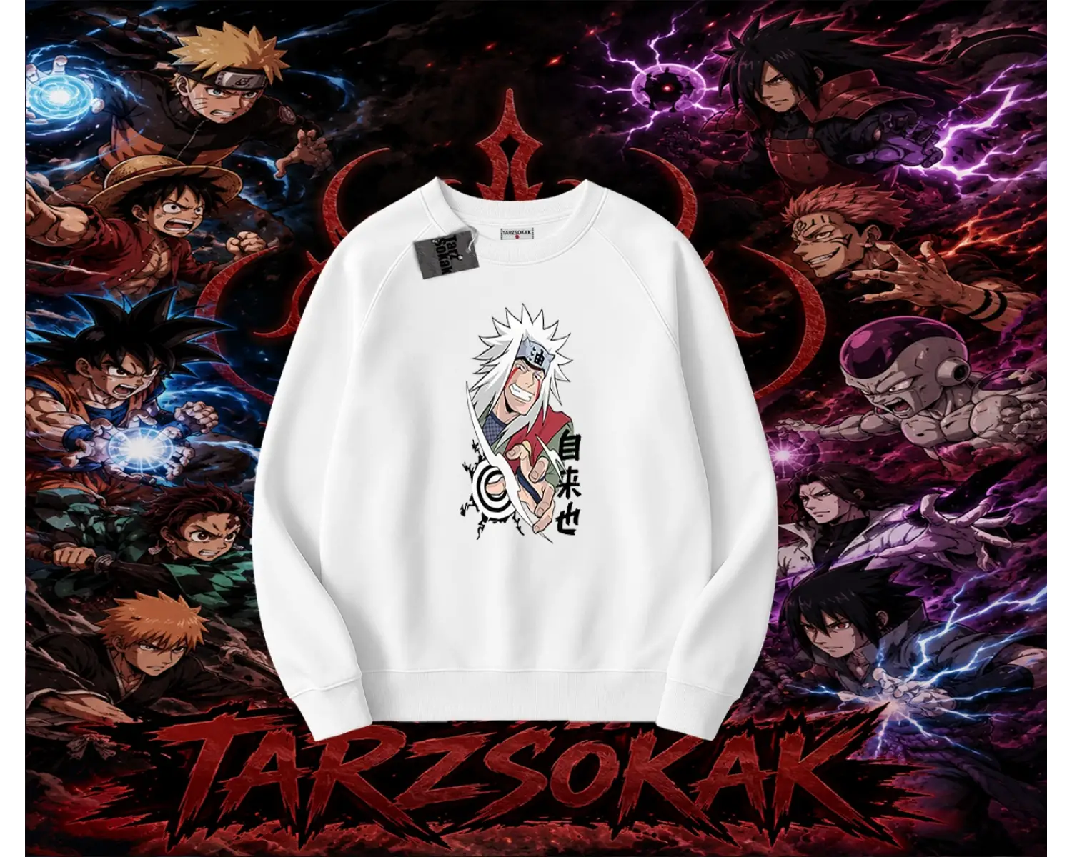 Jiraiya Naruto Anime Karakteri Oversize Unisex Bisiklet Yaka Sweatshirt Beyaz