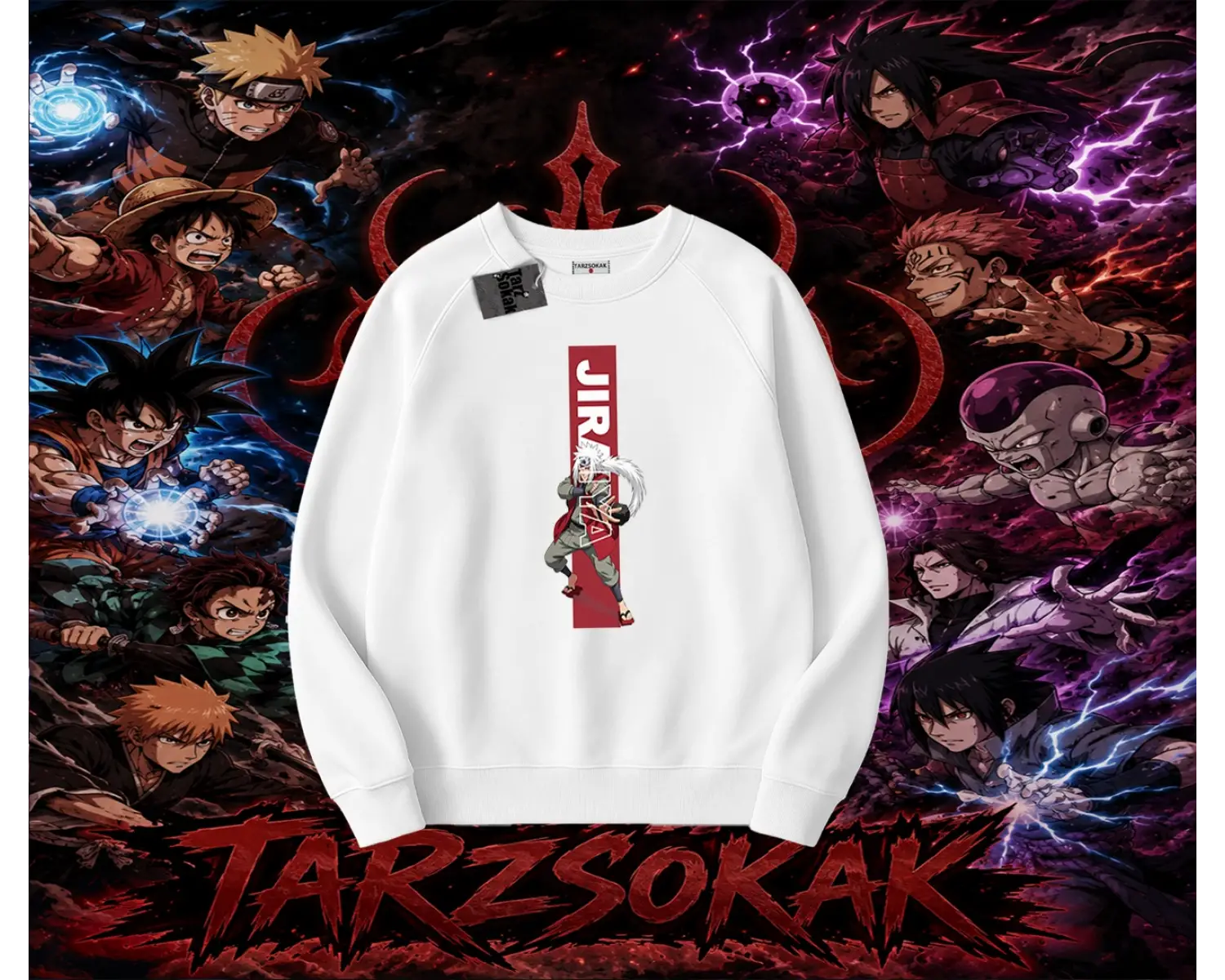 Jiraiya Naruto Anime Karakteri Oversize Unisex Bisiklet Yaka Sweatshirt Beyaz