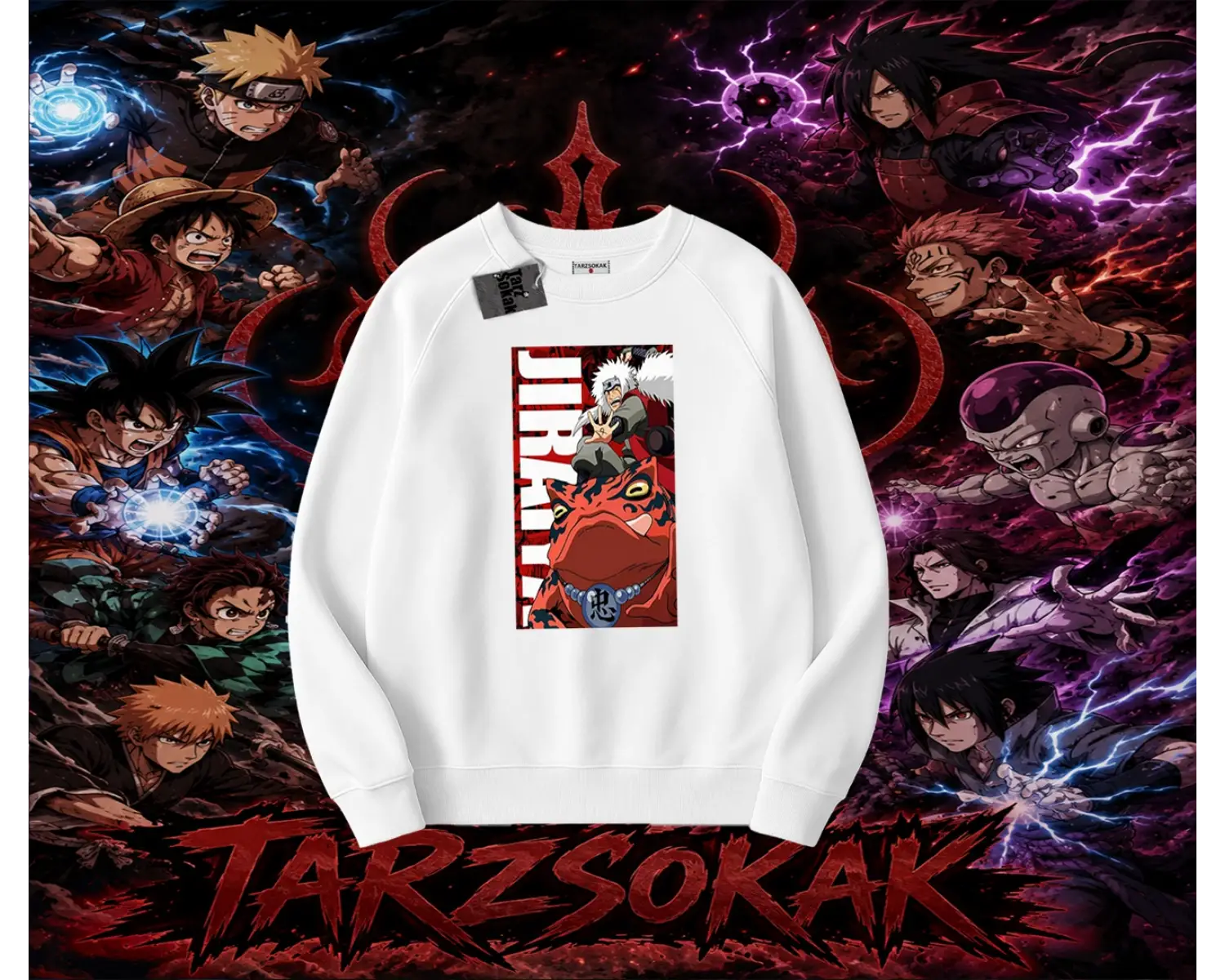 Jiraiya Naruto Anime Karakteri Oversize Unisex Bisiklet Yaka Sweatshirt Beyaz