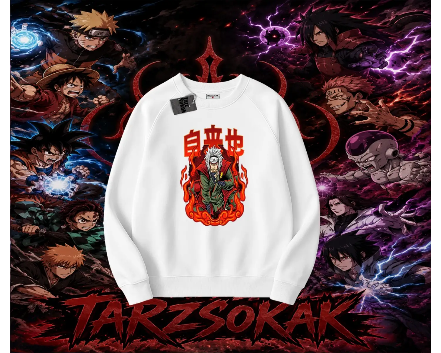 Jiraiya Naruto Anime Karakteri Oversize Unisex Bisiklet Yaka Sweatshirt Beyaz