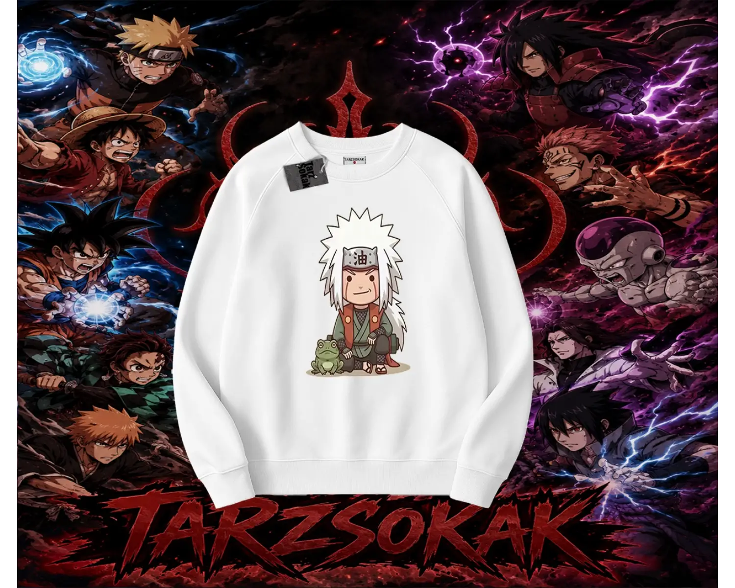 Jiraiya Naruto Anime Karakteri Oversize Unisex Bisiklet Yaka Sweatshirt Beyaz
