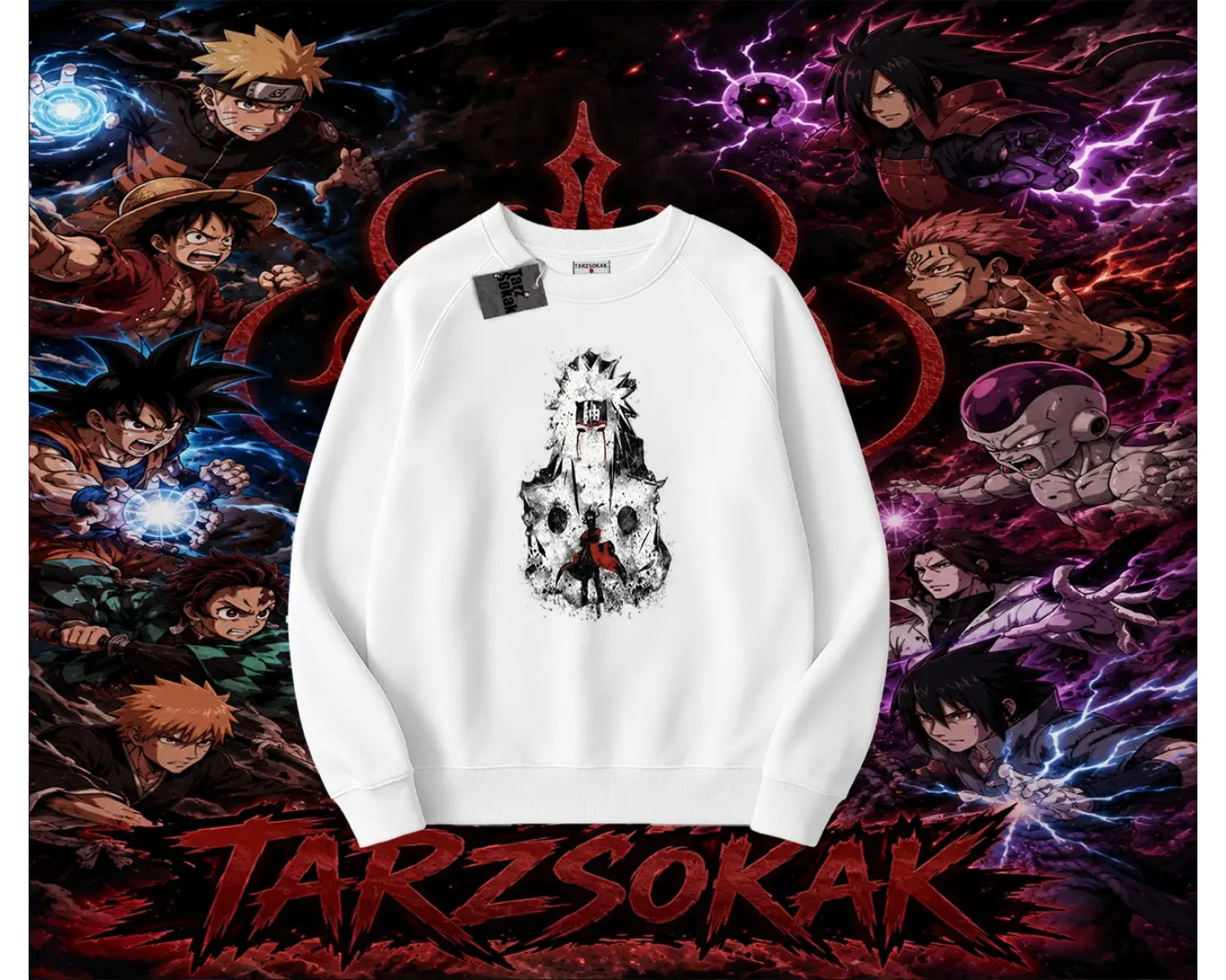 Jiraiya Naruto Anime Karakteri Oversize Unisex Bisiklet Yaka Sweatshirt Beyaz