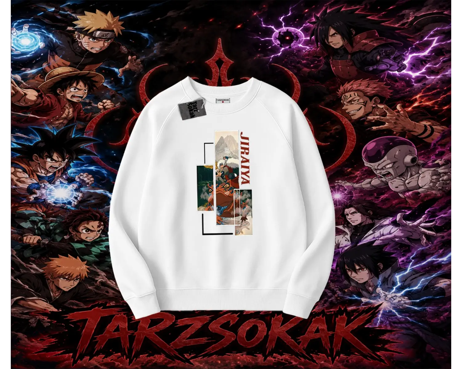 Jiraiya Naruto Anime Karakteri Oversize Unisex Bisiklet Yaka Sweatshirt Beyaz