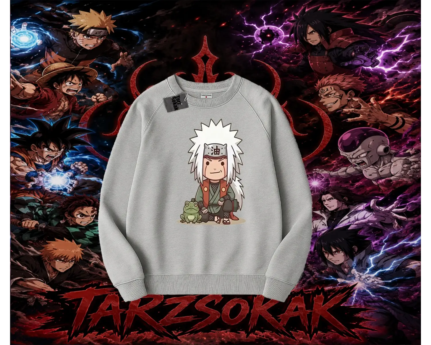 Jiraiya Naruto Anime Karakteri Oversize Unisex Bisiklet Yaka Sweatshirt Beyaz