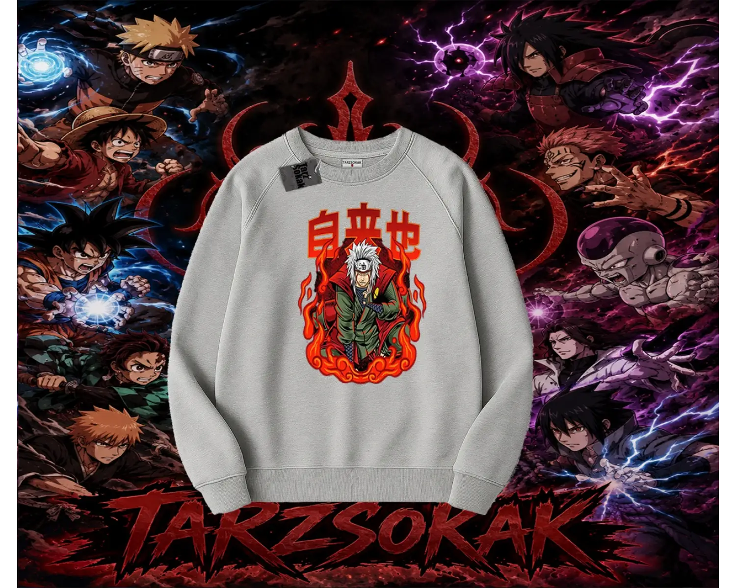 Jiraiya Naruto Anime Karakteri Oversize Unisex Bisiklet Yaka Sweatshirt Beyaz