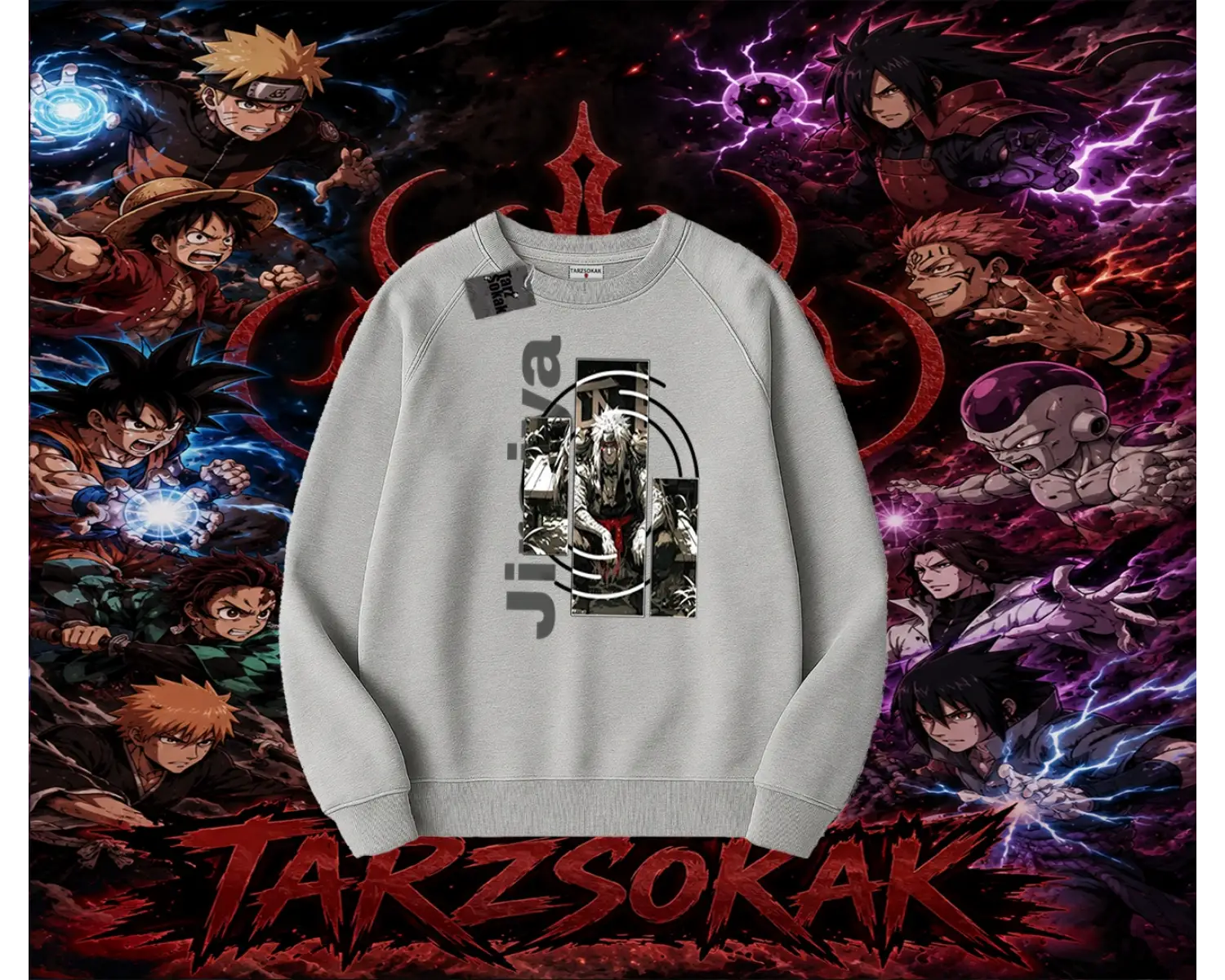Jiraiya Naruto Anime Karakteri Oversize Unisex Bisiklet Yaka Sweatshirt Beyaz