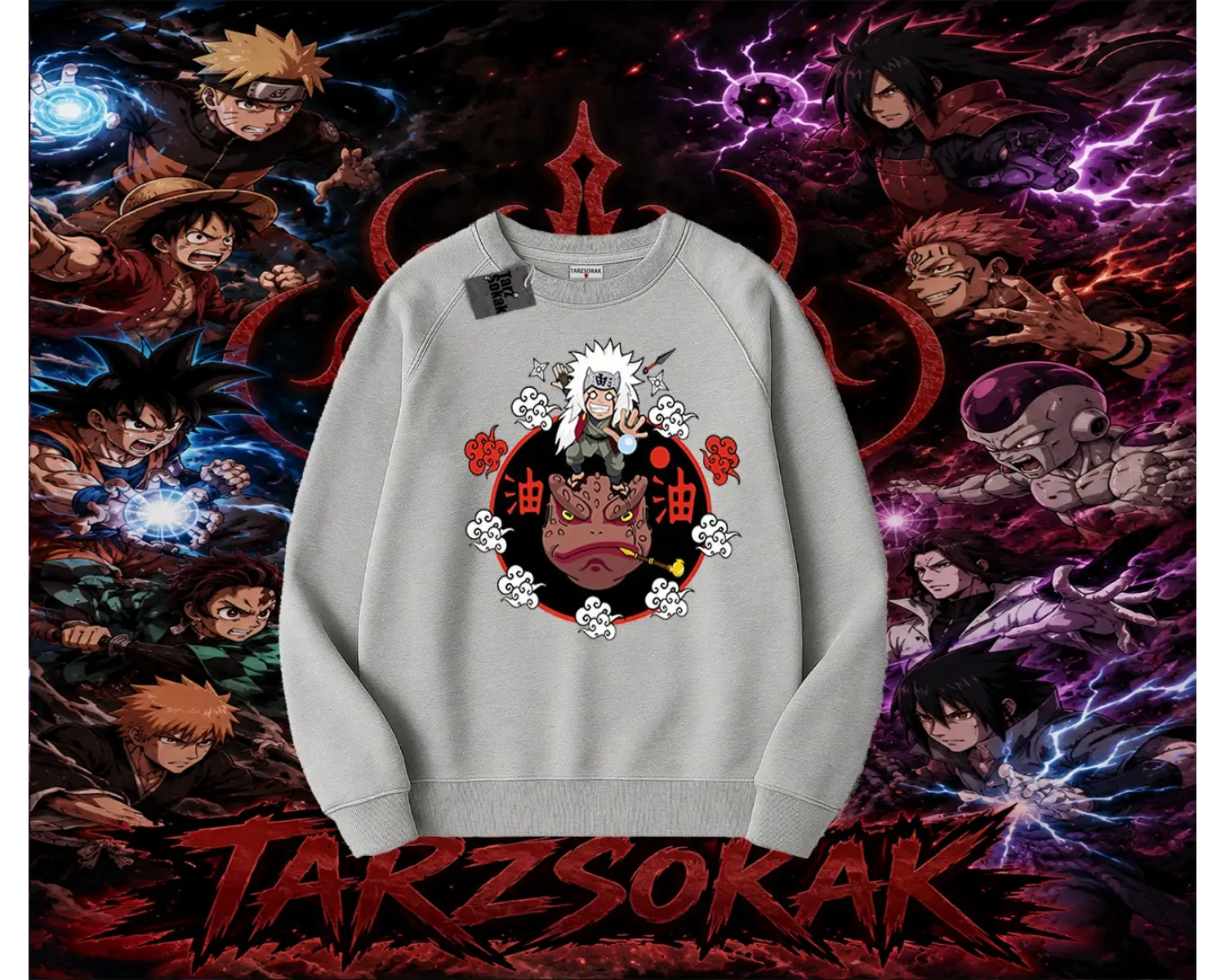 Jiraiya Naruto Anime Karakteri Oversize Unisex Bisiklet Yaka Sweatshirt Beyaz
