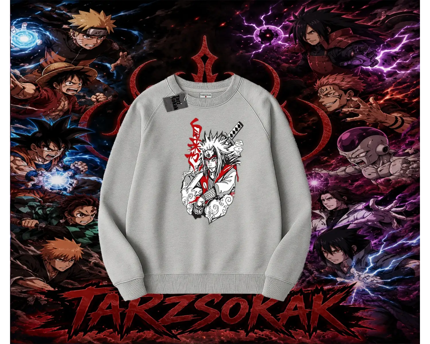 Jiraiya Naruto Anime Karakteri Oversize Unisex Bisiklet Yaka Sweatshirt Beyaz