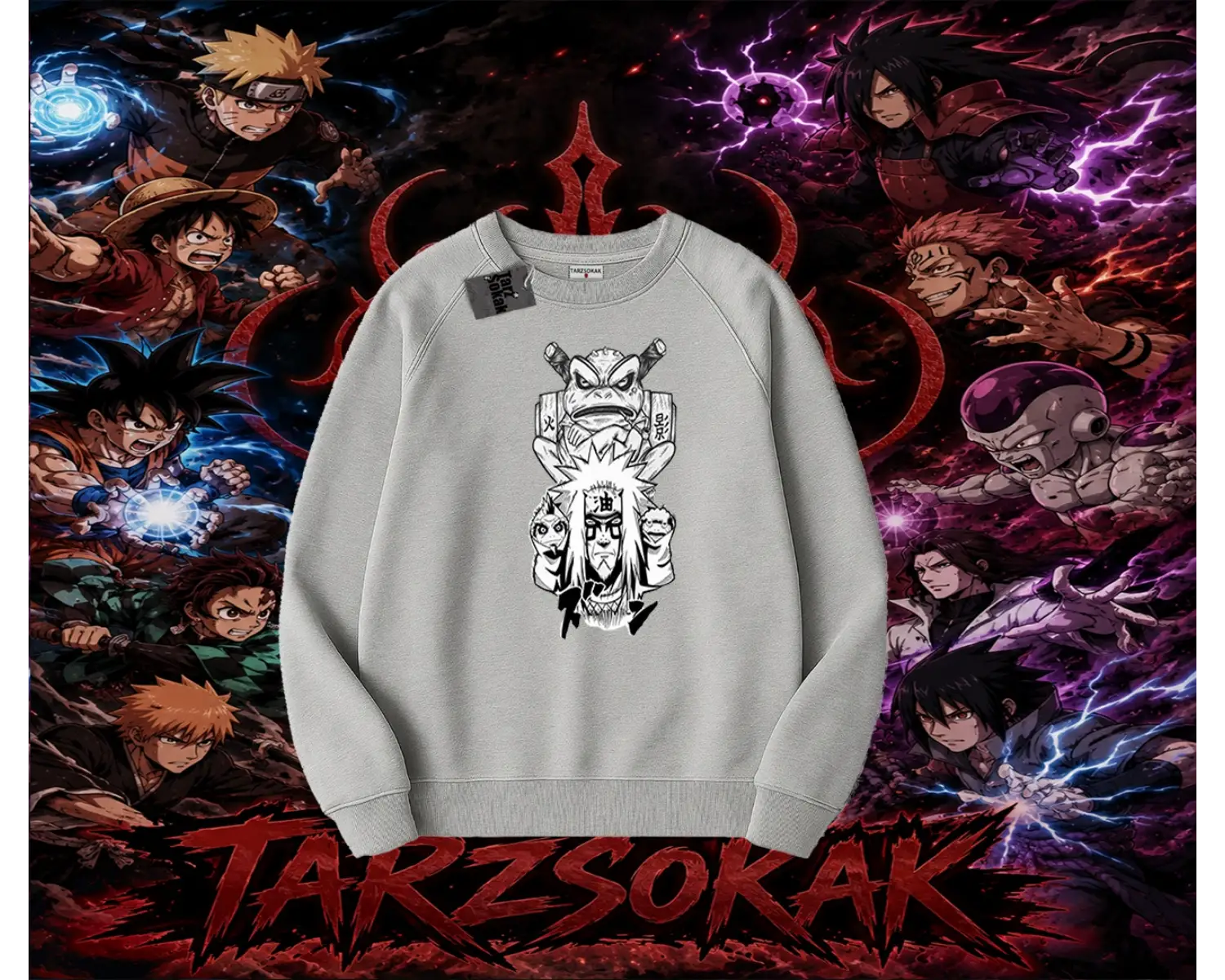 Jiraiya Naruto Anime Karakteri Oversize Unisex Bisiklet Yaka Sweatshirt Beyaz