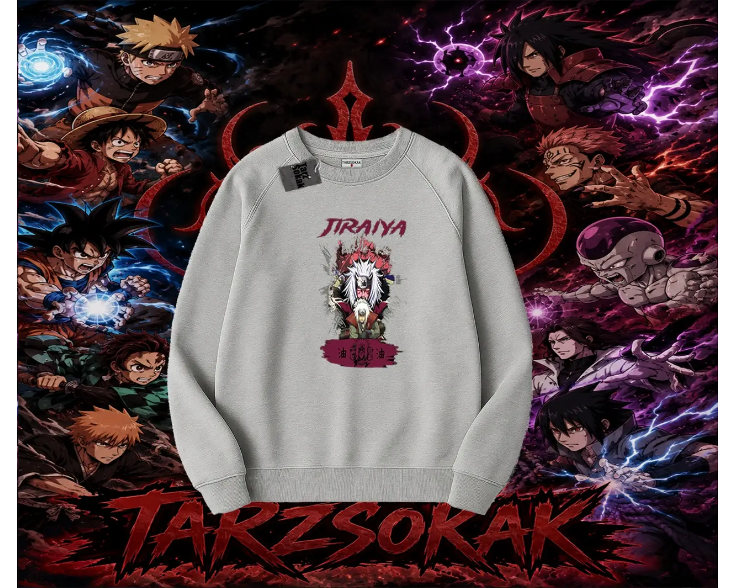 Jiraiya Naruto Anime Karakteri Oversize Unisex Bisiklet Yaka Sweatshirt Beyaz