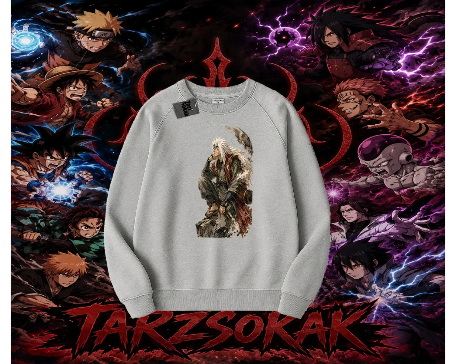 Jiraiya Naruto Anime Karakteri Oversize Unisex Bisiklet Yaka Sweatshirt Beyaz