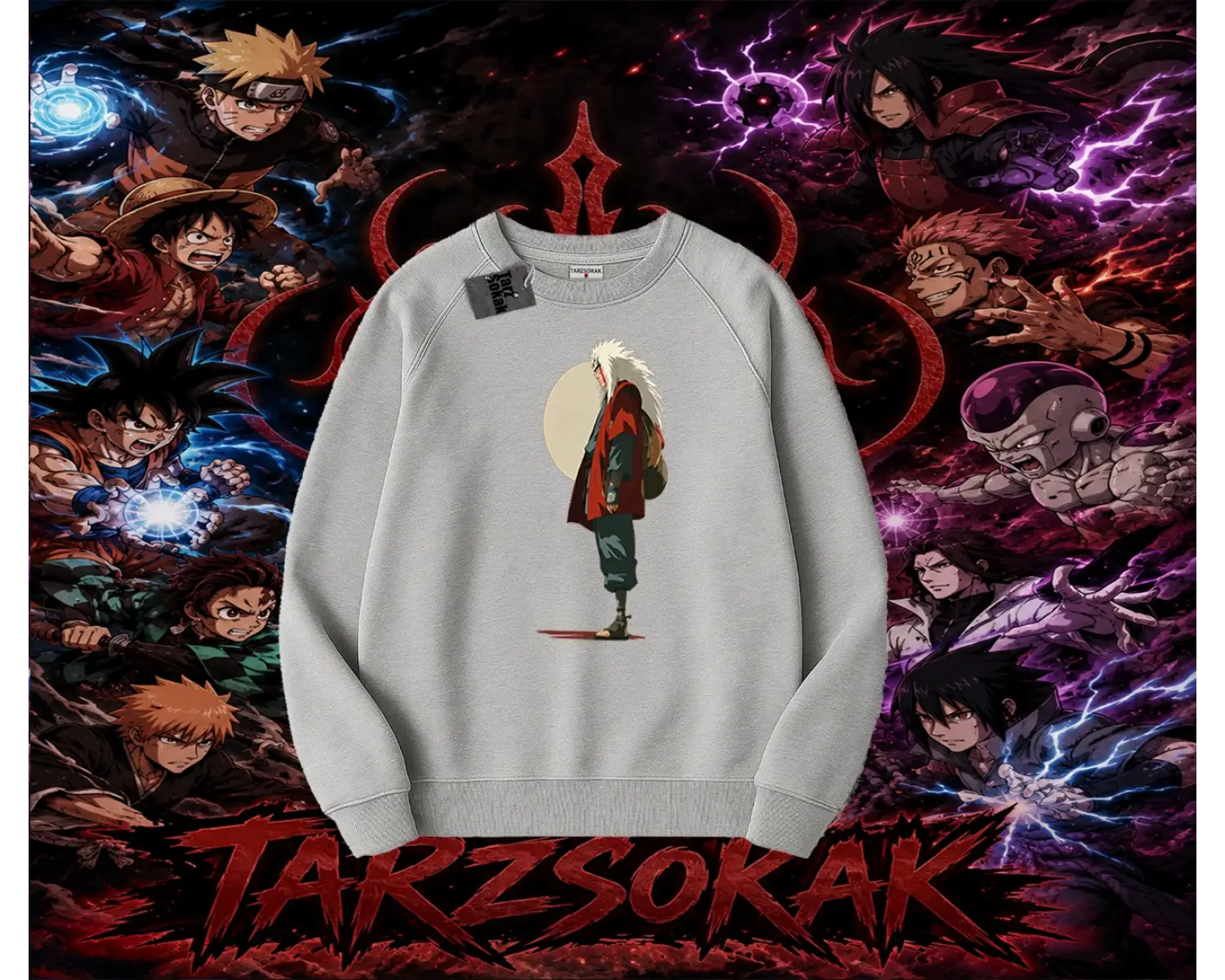 Jiraiya Naruto Anime Karakteri Oversize Unisex Bisiklet Yaka Sweatshirt Beyaz