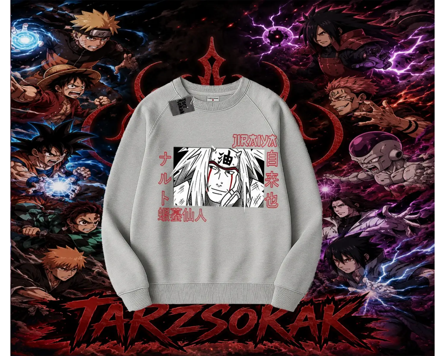 Jiraiya Naruto Anime Karakteri Oversize Unisex Bisiklet Yaka Sweatshirt Beyaz