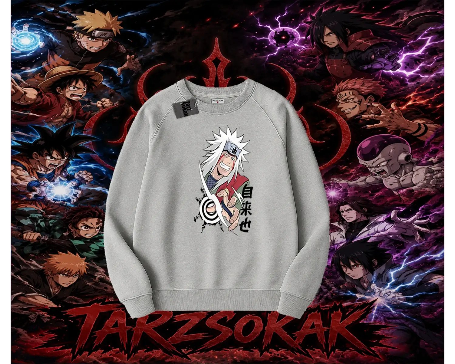 Jiraiya Naruto Anime Karakteri Oversize Unisex Bisiklet Yaka Sweatshirt Beyaz