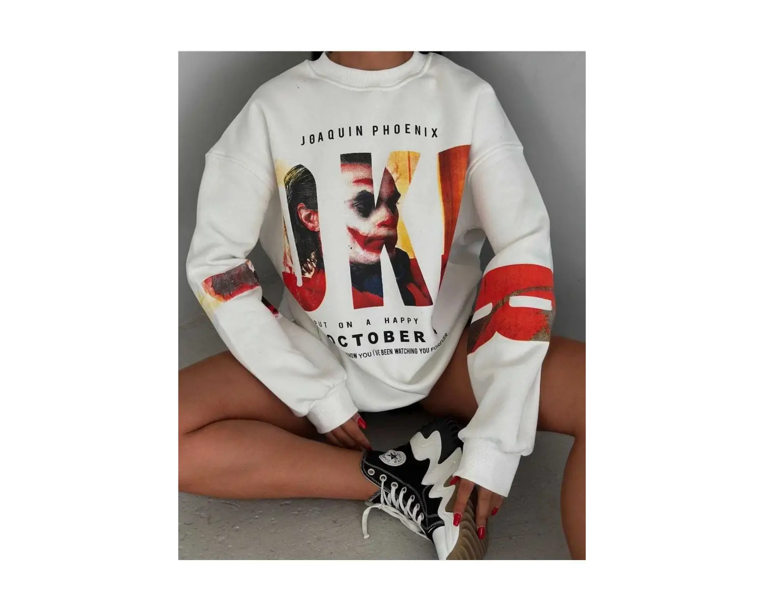 Joker Renkli Oversize Bisiklet Yaka Pamuklu Sweatshirt Beyaz