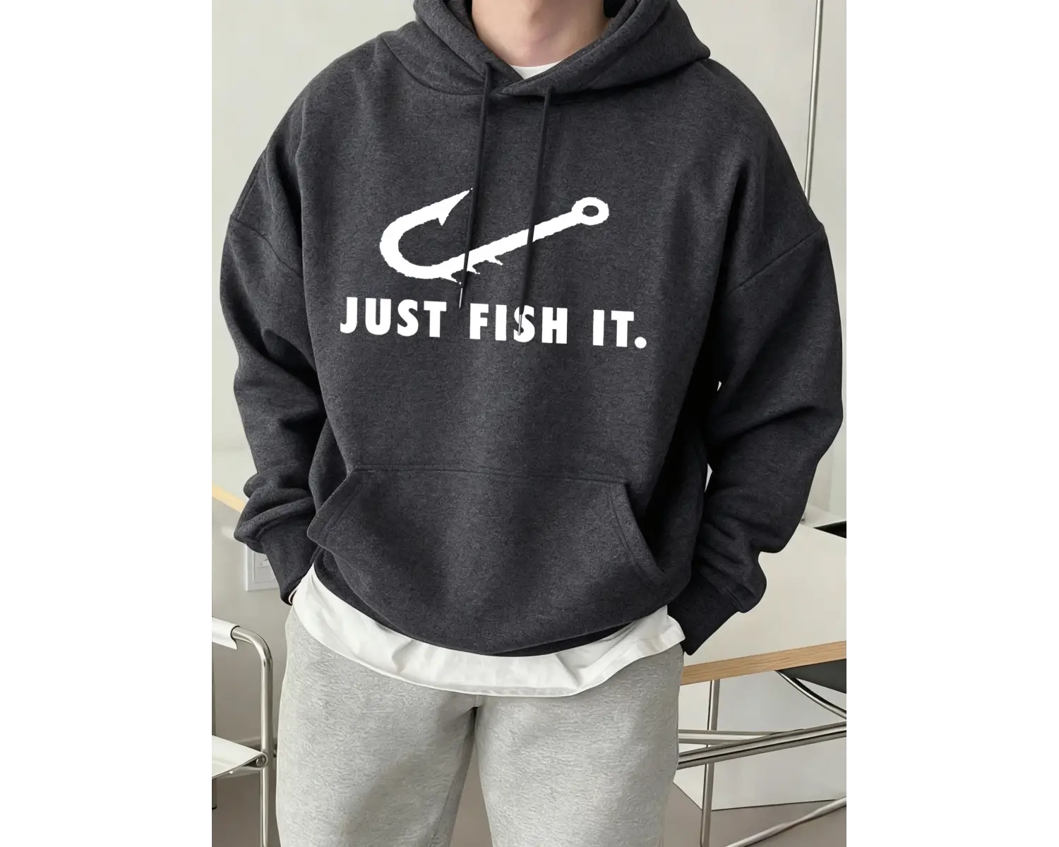 Just Fish It Balık Kancası Desenli Baskılı Erkek Kapüşonlu Sweatshirt Moda Polar Sıcak Kazak