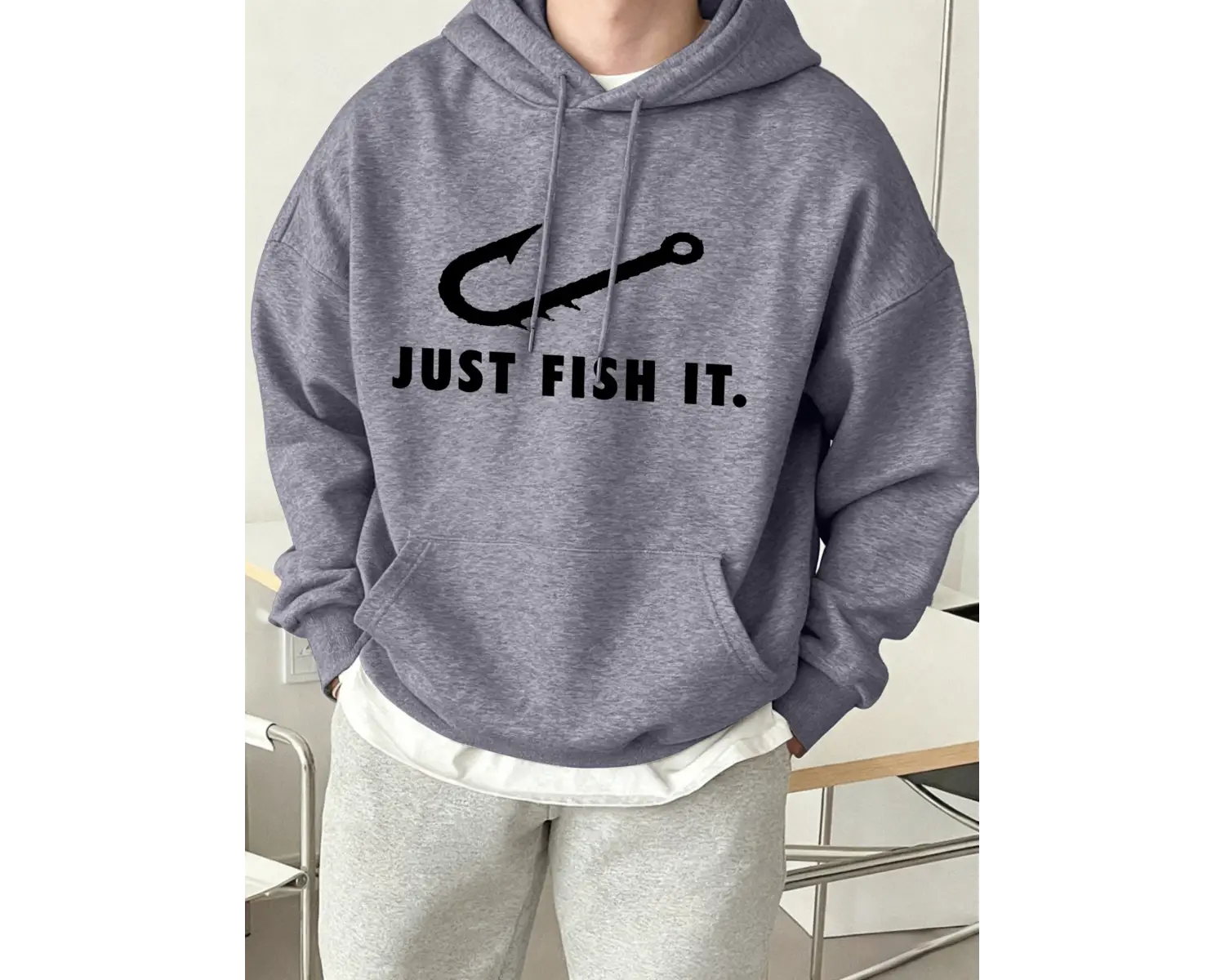 Just Fish It Balık Kancası Desenli Baskılı Erkek Kapüşonlu Sweatshirt Moda Polar Sıcak Kazak