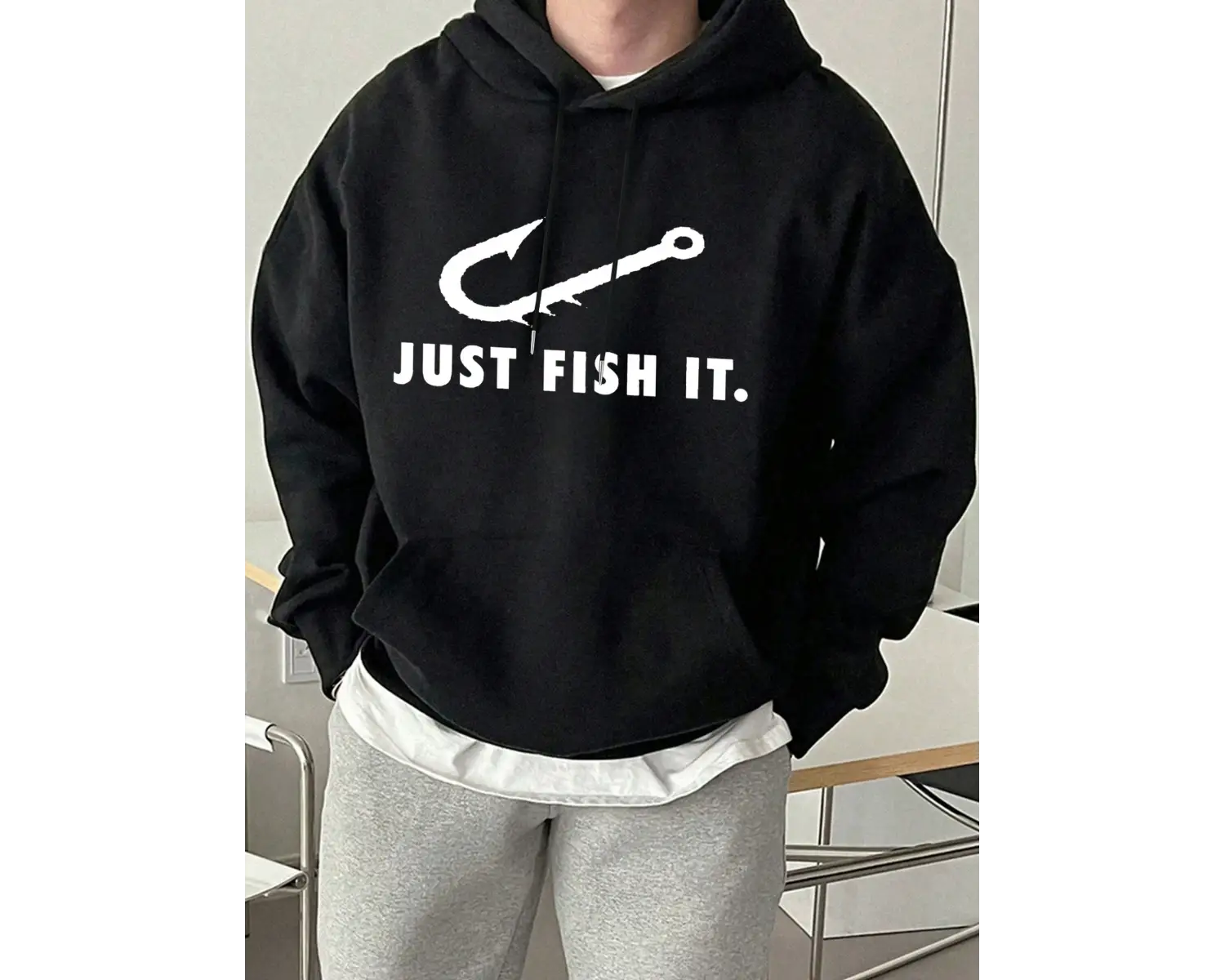 Just Fish It Balık Kancası Desenli Baskılı Erkek Kapüşonlu Sweatshirt Moda Polar Sıcak Kazak