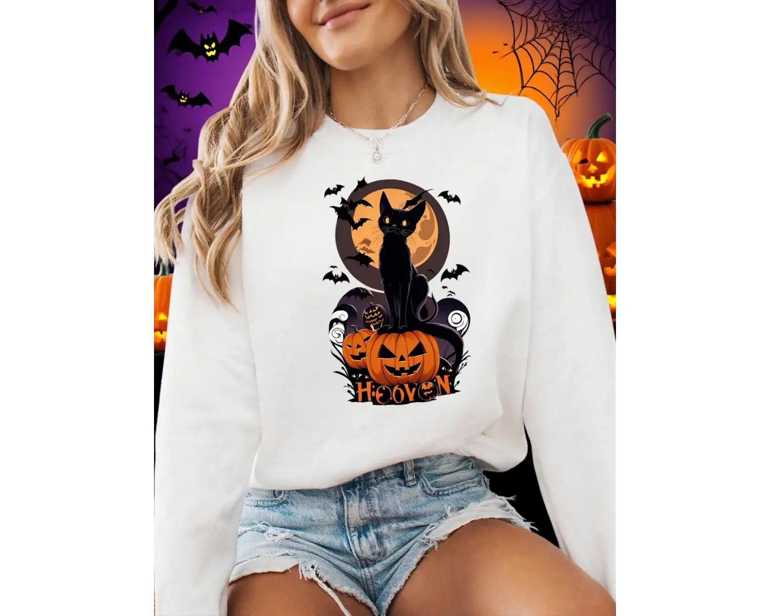 Kabak Cadılar Bayramı Atmosferinde Baskı Kazak Bayan Crewneck Rahat Hoodie Gevşek Polar Sıcak