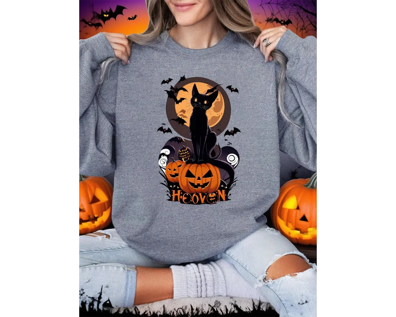 Kabak Cadılar Bayramı Atmosferinde Baskı Kazak Bayan Crewneck Rahat Hoodie Gevşek Polar Sıcak