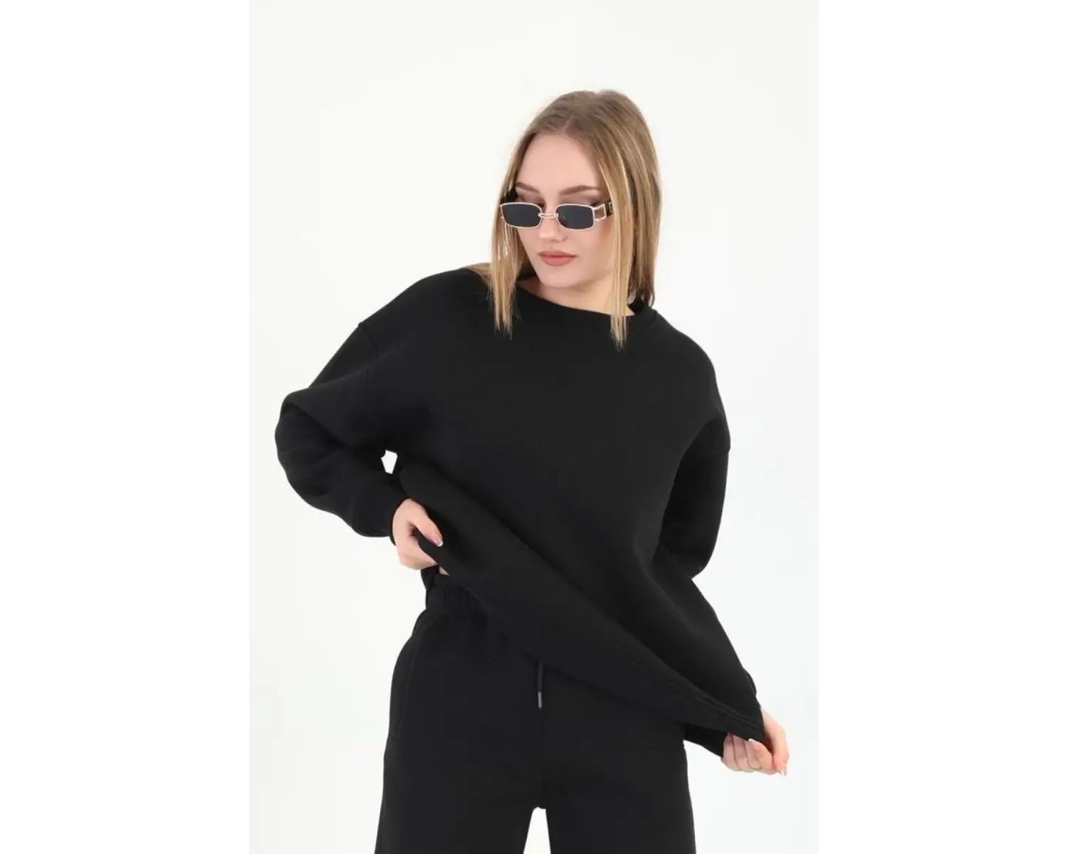 Kadın 3 İplik Bisiklet Yaka Uzun Kollu Beyaz