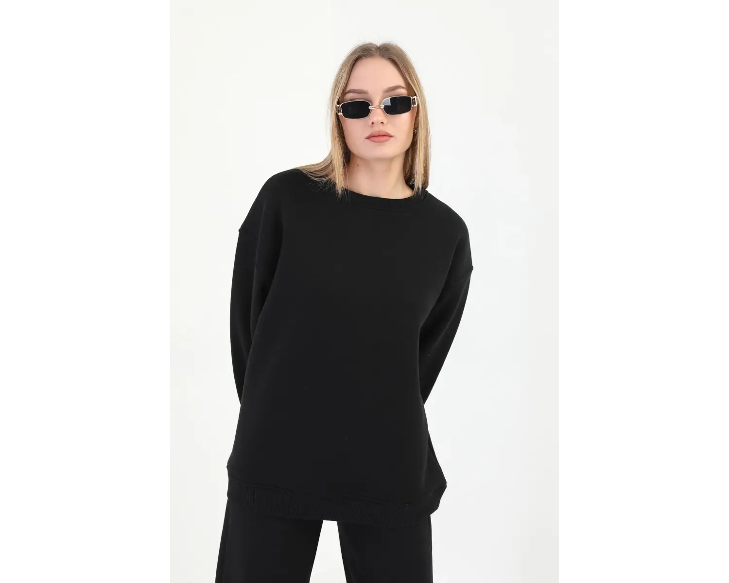 Kadın 3 İplik Bisiklet Yaka Uzun Kollu Beyaz