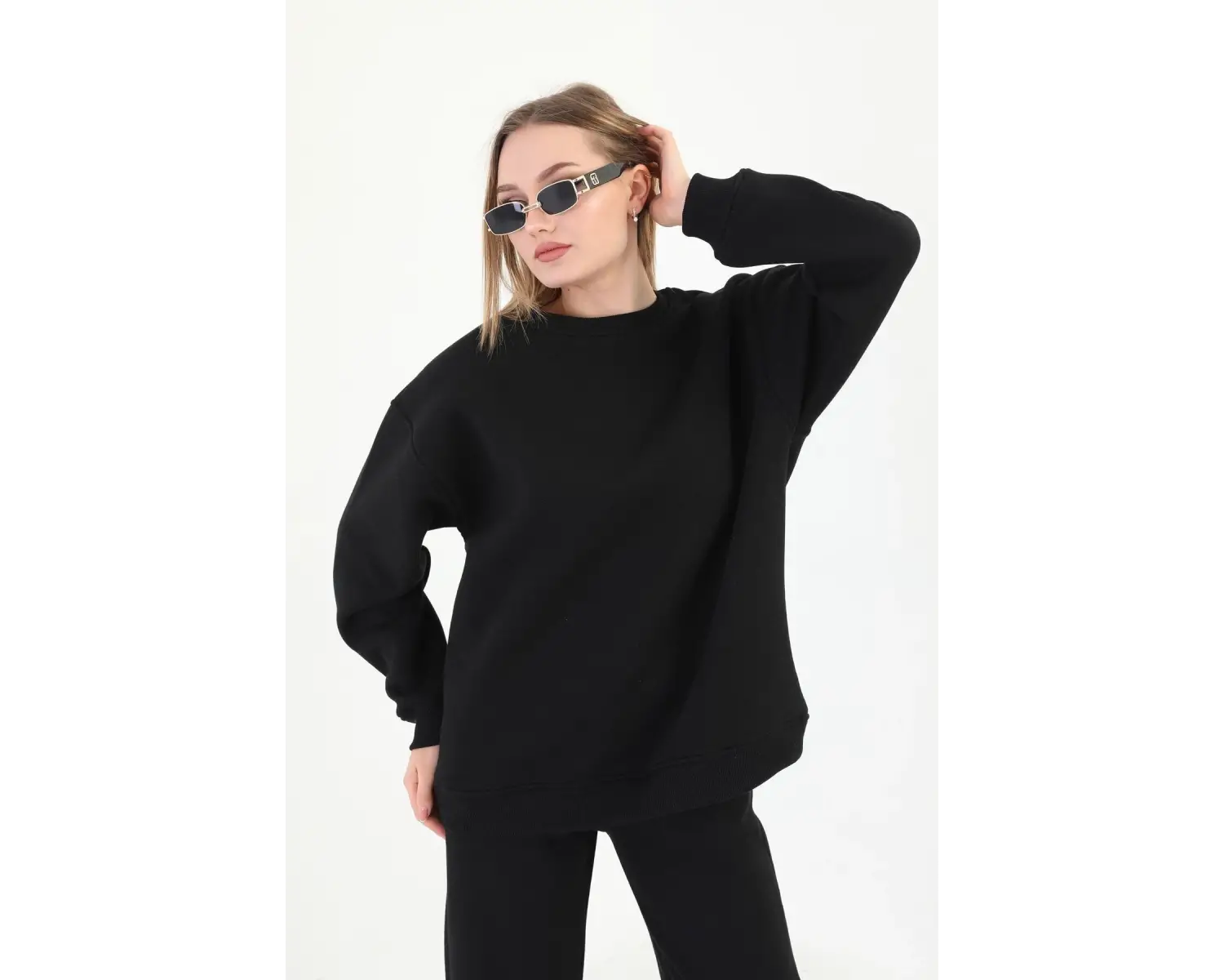 Kadın 3 İplik Bisiklet Yaka Uzun Kollu Beyaz