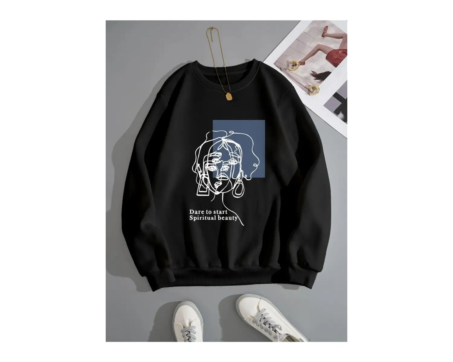 Kadın Beauty Baskılı Oversize Bisiklet Yaka Sweatshirt Siyah