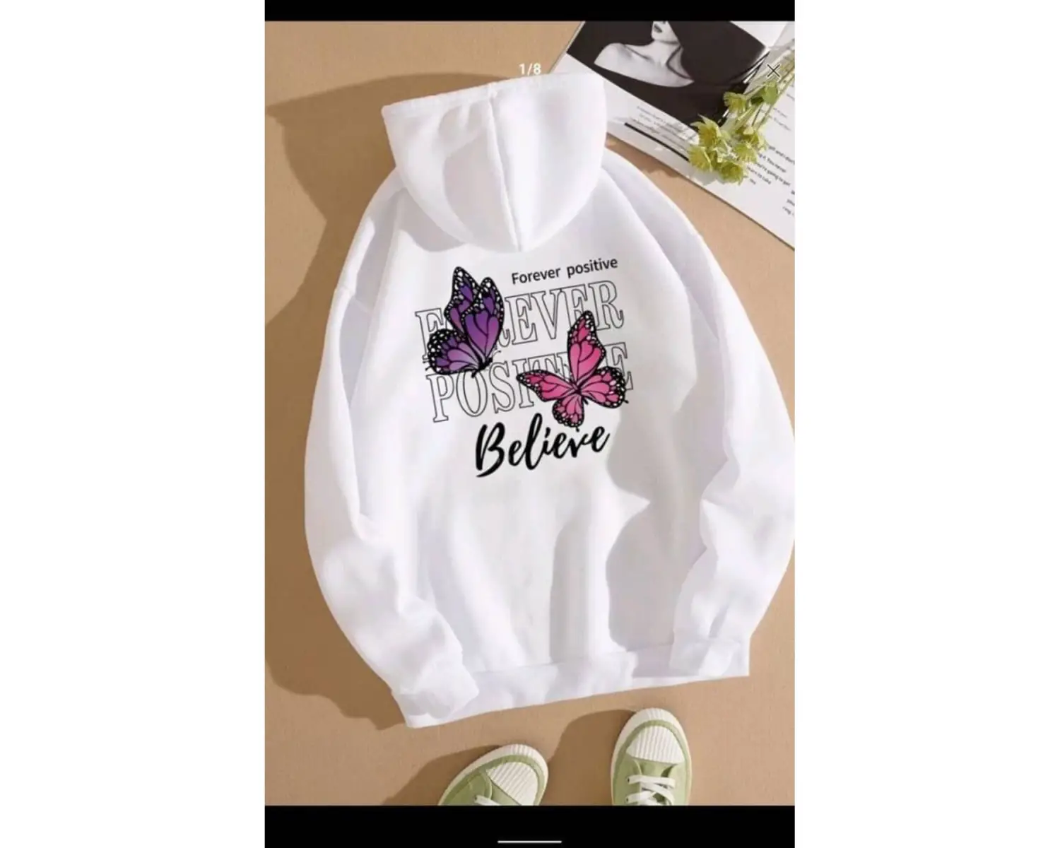 kadın believ kelebek desenli oversize sweatshirt beyaz
