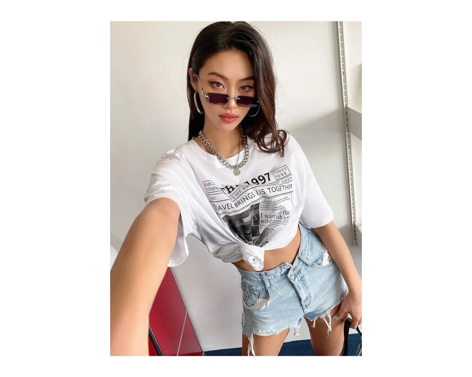 Kadın Beyaz 1997 Baskılı Bisiklet Yaka Tshirt