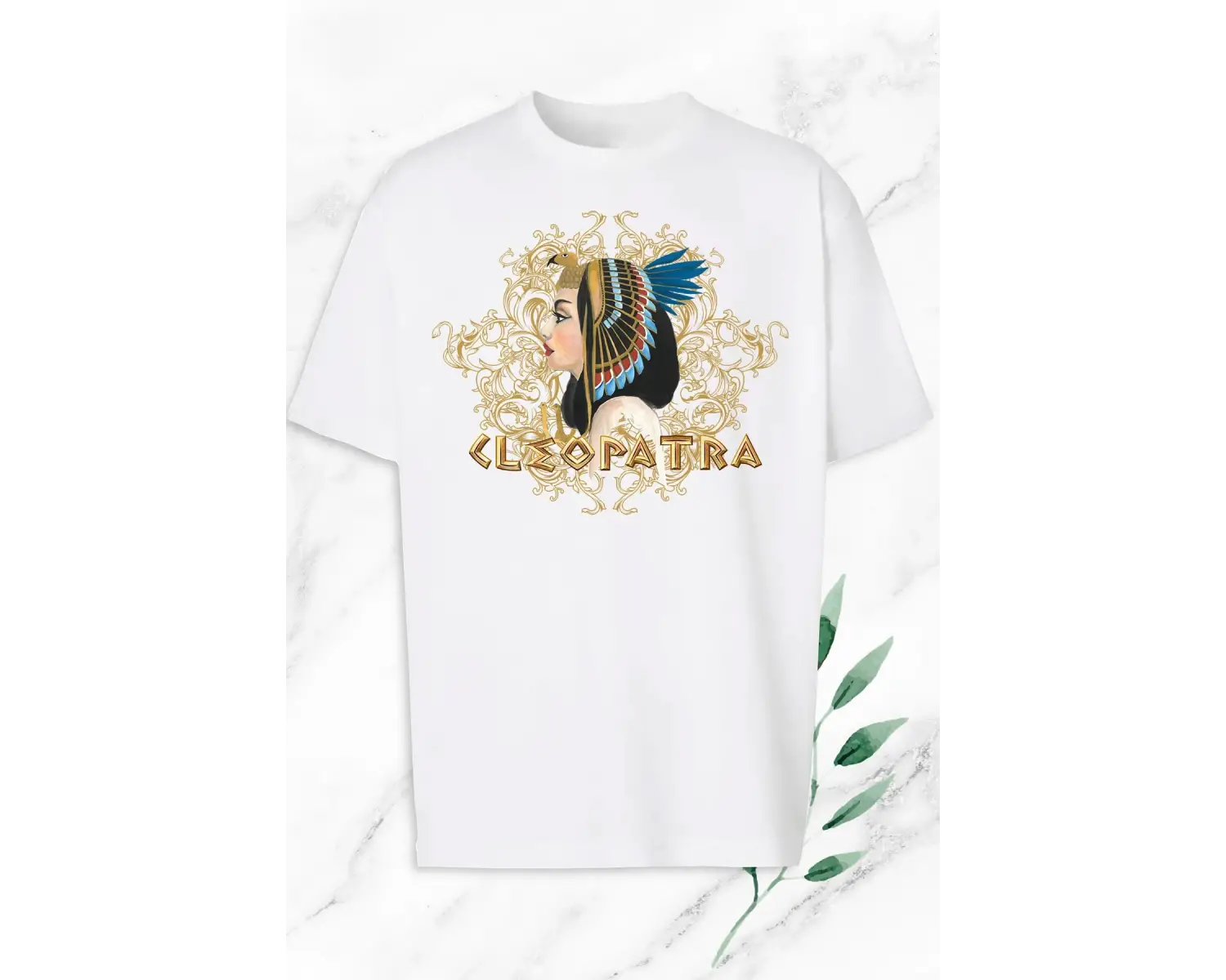 Kadın Beyaz Antik Mısır Kraliçe Kleopatra Baskılı Oversize T-Shirt