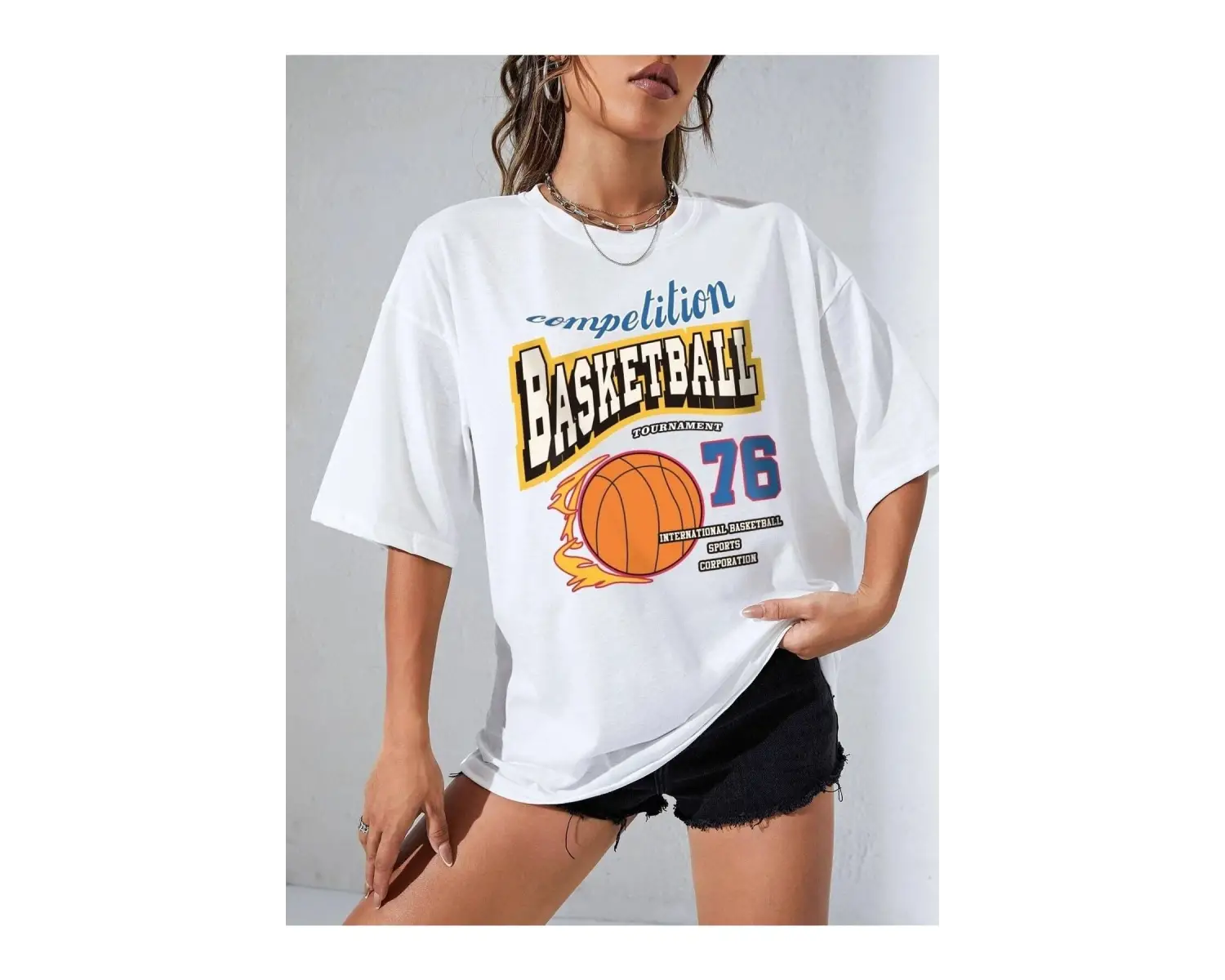 Kadın Beyaz Basketball Tournament Baskılı Oversize Tişört