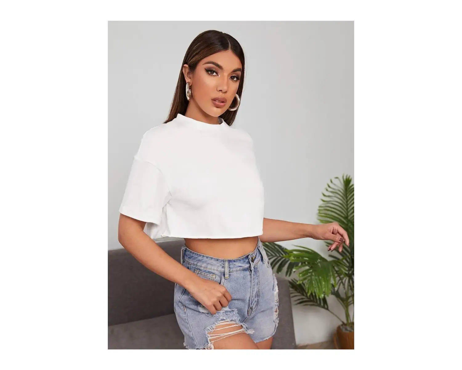 Kadın Beyaz Bisiklet Yaka Oversize Crop T-shirt