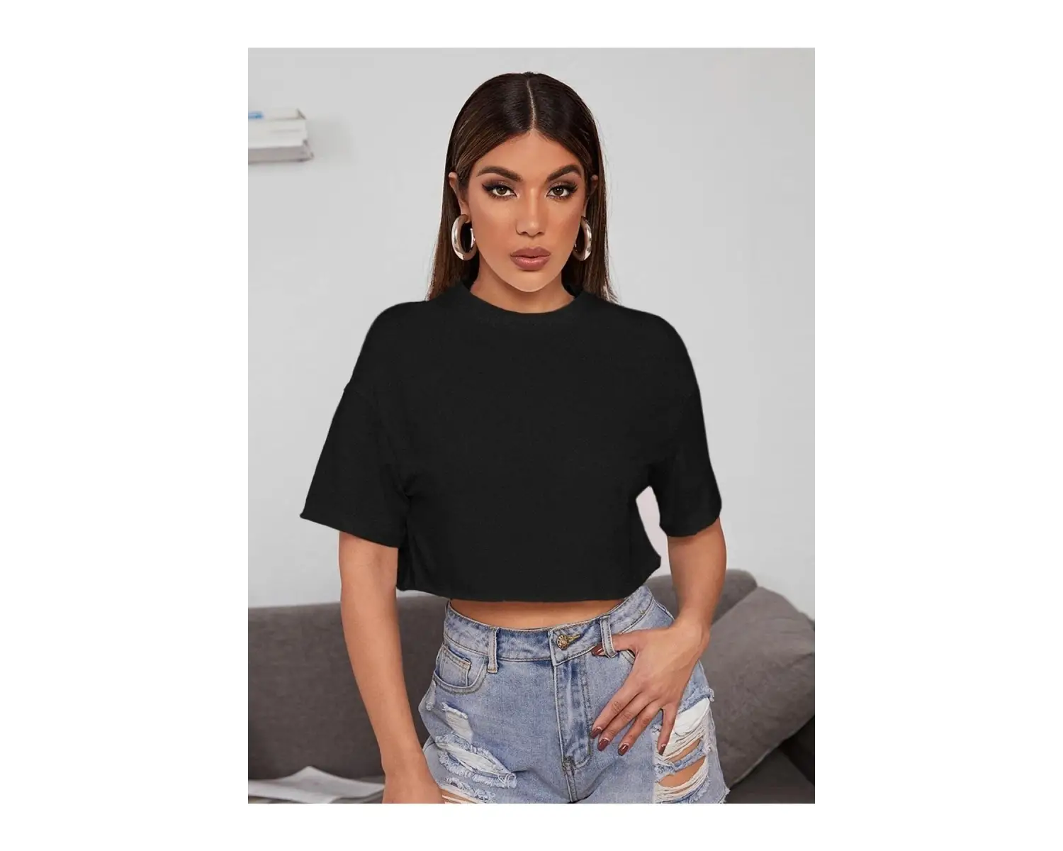 Kadın Beyaz Bisiklet Yaka Oversize Crop T-shirt